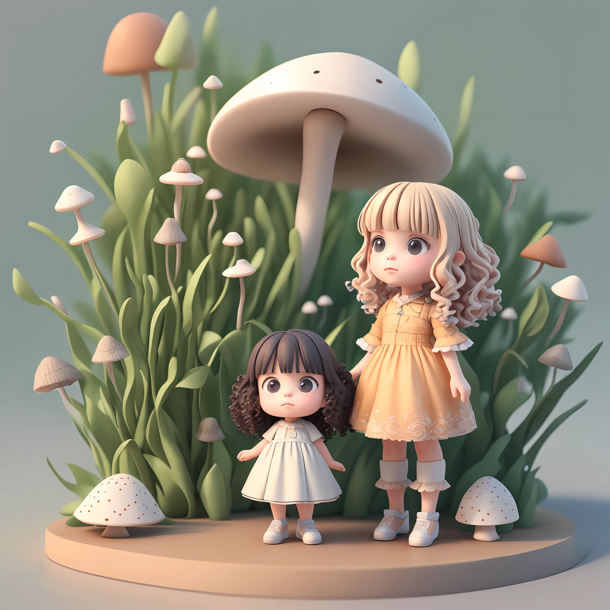 Cute little girl with big watery eyes, full body, delicate shoes, delicate hair, mushroom, small mushroom decoration, long black curly hair, intricate clothes, popmart blind box, clay texture, clean background, natural light, best quality, ultra detail, 3d art, c4d, blender, oc renderer, 3d render, 8k