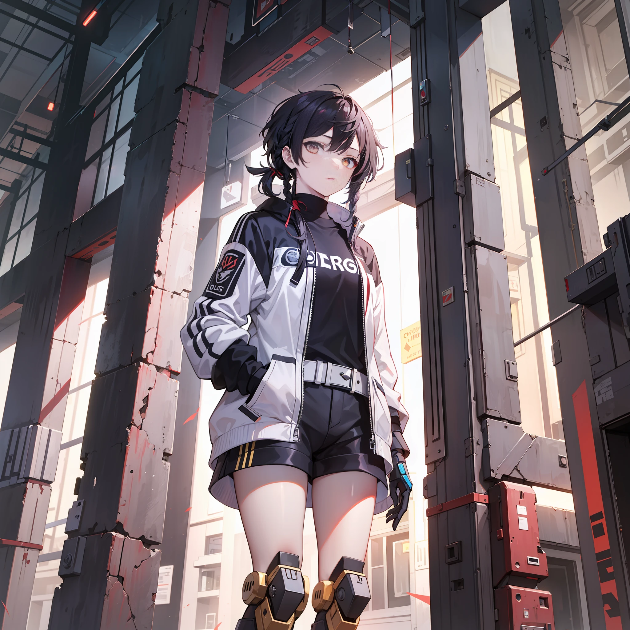 rebelliousness,cyber punk perssonage,The girl stood in front of the mech in shorts,Need,tmasterpiece,whaite hair,Golden eyes,Manteau blanc,Hairline,Fair skin,SideBraid