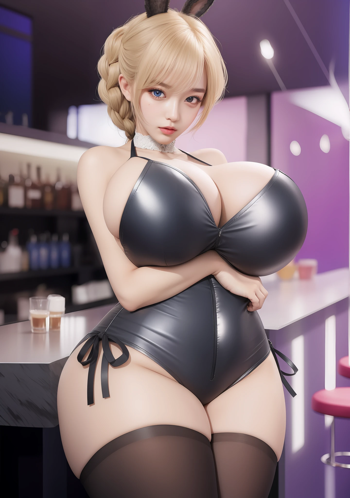 An Idol k-pop girl, (cute face, lewd face), braid hair, intricate face details, detailed face, golden ratio face, ((big breasts:1)), ((slim waist, big butt, big hip, big thighs)), ((intricate hands, detailled hands)), ((intricate feets, detailled feets)), full body, 64K, UHD, HDR, global illumination, (high quality, high detailed, hyper detailed, extremely detailed), photo realistic, ultra realistic, art photo, (clarify the details, detailed parts body), intricate artwork masterpiece, trending on artstation, (drunk face), tight clothes, (blue eyes:1), (bunny ears:1), bunny outfits, long socks, bar background, (polished skin:1,8), (polished clothes:1,8), (right hand to support chest)
