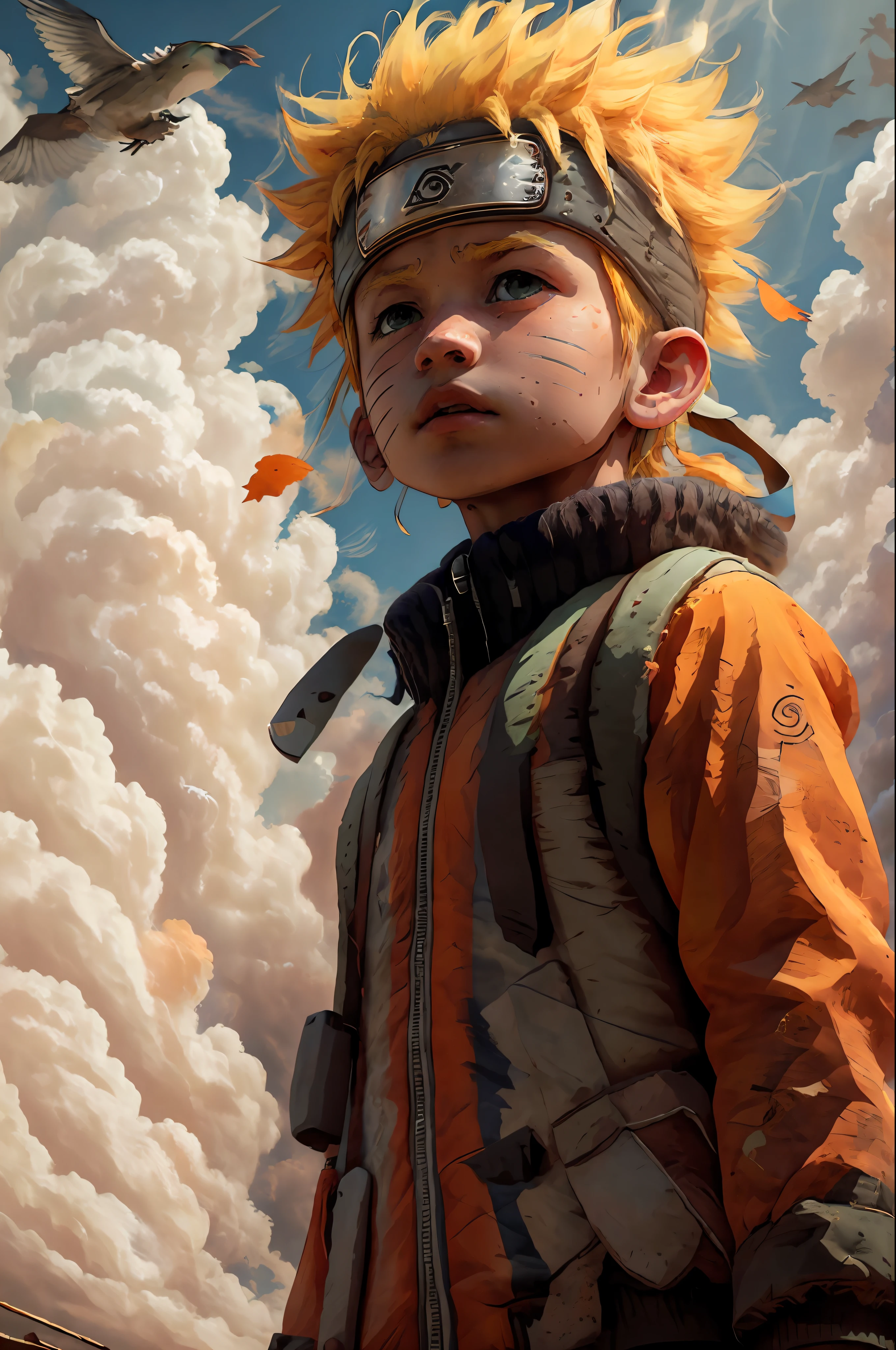 chibinaruto, 1boy, blonde hair, male focus, solo, sky, green eyes, cloud, day, whisker markings, bird, blue sky, male child, jacket, outdoors, upper body, cloudy sky