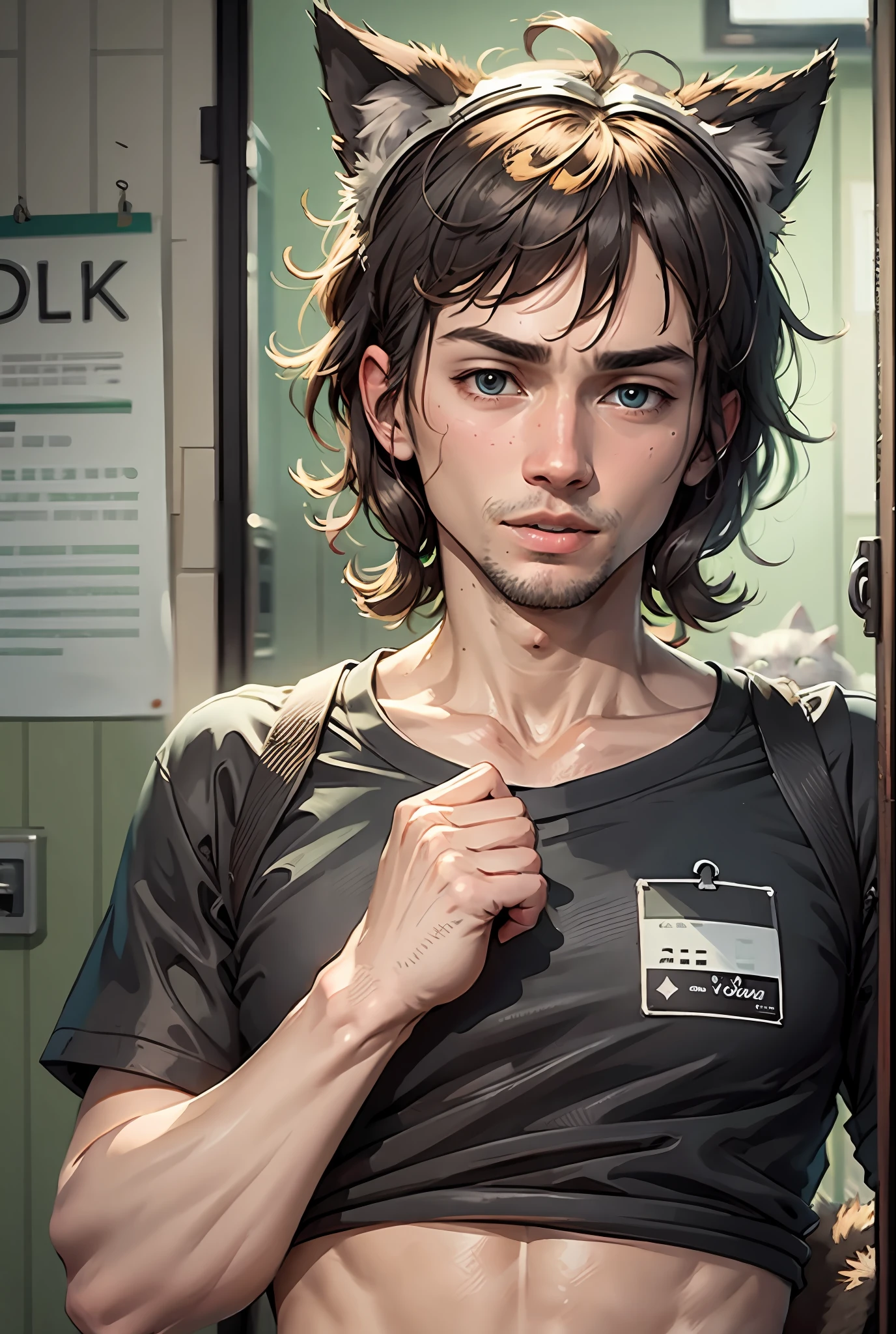 Knock,Handsome guy in black shirt knocking on cat girl