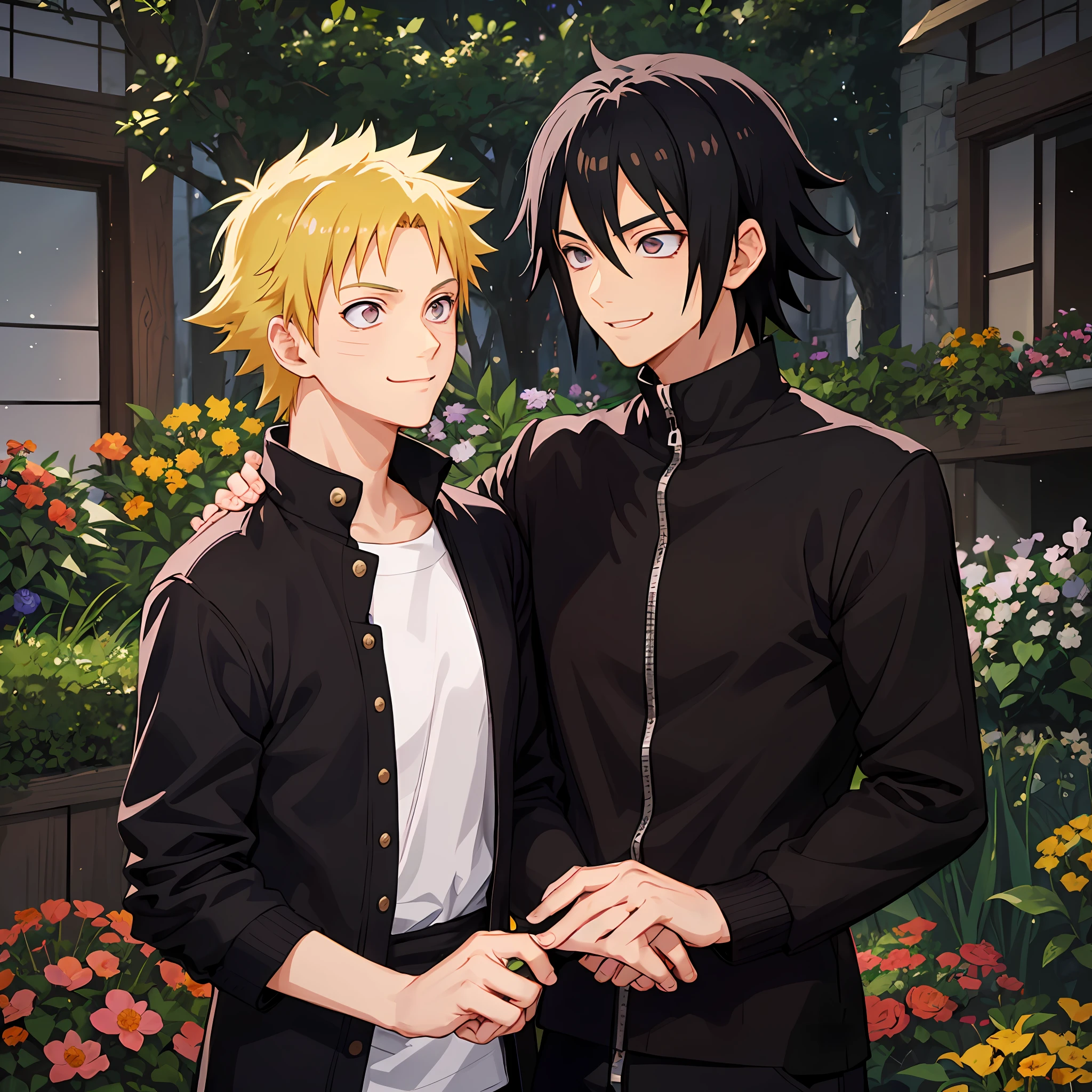"(((Warm and interactive bright garden))), high-definition picture quality, Sasuke Uchiha and Naruto Uzumaki looked at each other and smiled, Surrounded by a sea of flowers, Happy and pleasant, Shake hands with ten fingers interlocked, Smile calmly, The beauty of friendship with each other。"