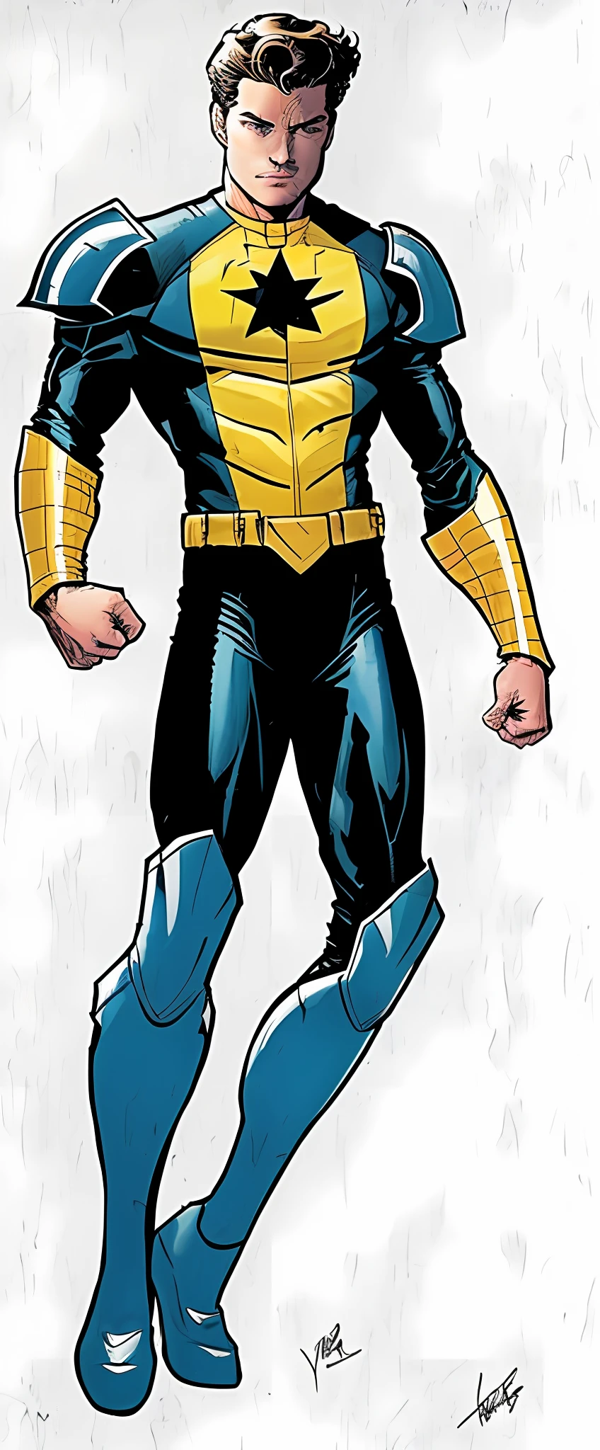 Mark Grayson, Peter Parker, Invincible, supersuit, hero, yellow suit, good face, good eyes, yellow and blue, handsome young man, eyes