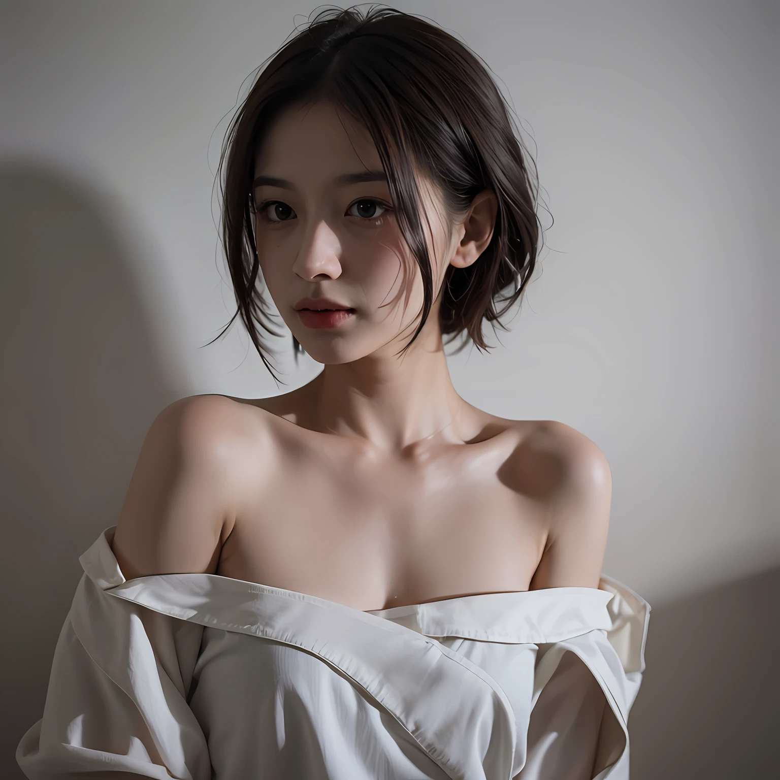 Best quality, masterpiece, ultra high res, (photorealistic:1.5), raw photo, 1girl, offshoulder, in the dark, deep shadow, low key, cold light, sexy look, short hair --auto
