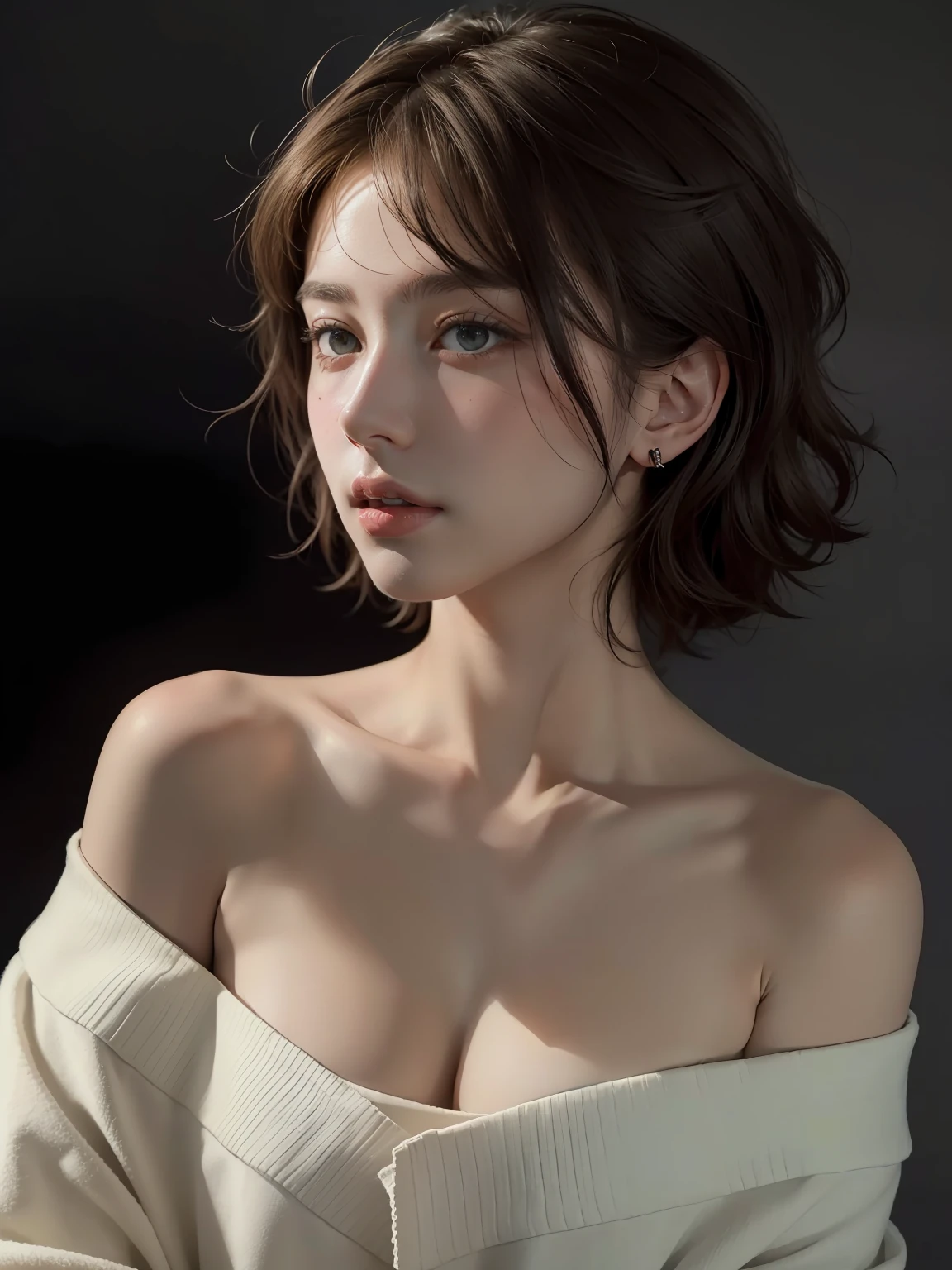Best quality, masterpiece, ultra high res, (photorealistic:1.5), raw photo, 1girl, offshoulder, in the dark, deep shadow, low key, cold light, sexy look, short hair