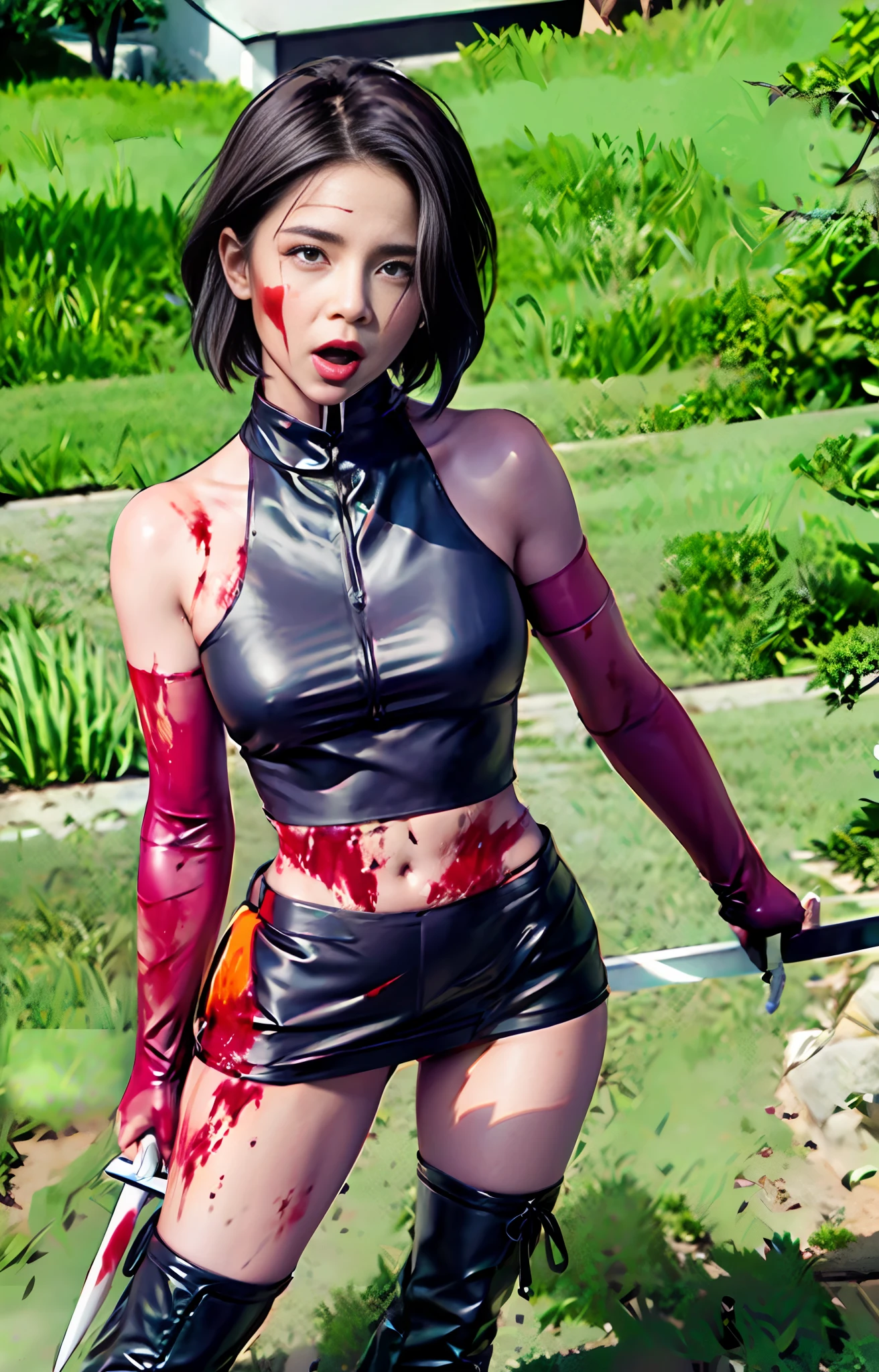 offcial art,extremely detailed CG Unity 8k wallpapers,best quailty,tmasterpiece,A high resolution,Pretty girl ninja,short haircut,Black cut top leather armor,Brown belt,Scabbards on thighs,Japanese Katana Sword,Leather gloves,Black mini leather skirt,Black over-the-knee flat boots,Tight Leather,Small face,The skirt leaks, Spread her legs,with no underpants,bloods,{{Bloody scars on the stomach}},Blood at the corners of the mouth,Stick out your tongue,wounded in fight,killed in fight,{{Corpse}}, {{Look up}},{{half closed eye}},rolling her eyes,{{dead body}},