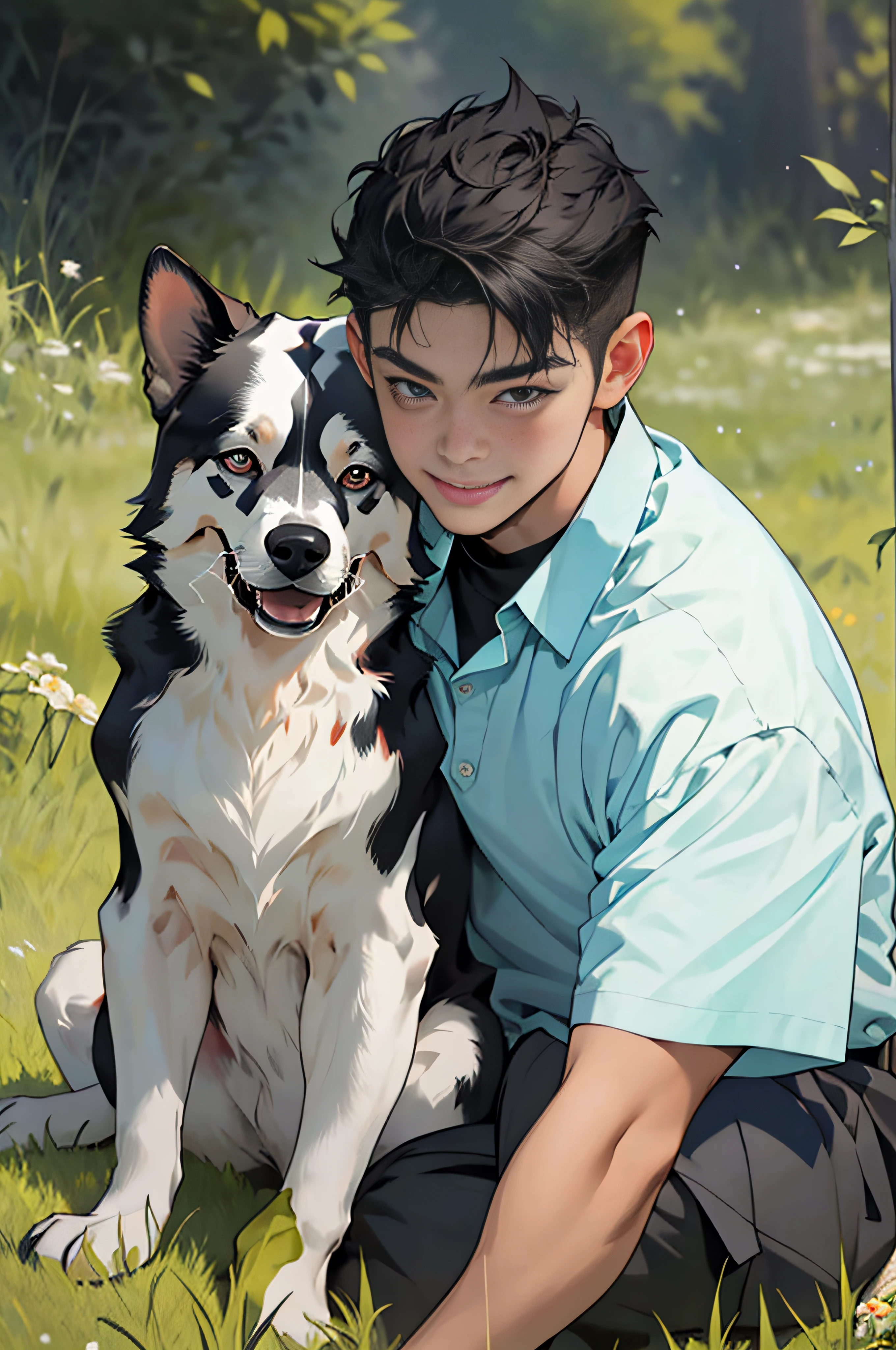 best qualityer，k hd，best qualtiy，1boys，with a round face，Sit on grass，ssmile，with short black hair，is shy，1dogs，looking toward the viewer，short- sleeved，Simple colored background