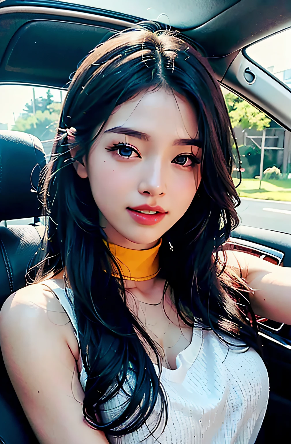 best qualtiy、masterpiece、photoRealstic、intricate-detail、Raw foto、Photon Rendering、Octane Rendering、absurderes、ultra-detailliert、A detailed face、Detailed skin、Trending in art stations、8K Masterpiece、lighting like a movie、( (1girl in))、((独奏) ))、((Behold))、CG Social Trends、Plastic En、((Black Long Hair))、((Beautuful Women))、(A smile)、Upper teeth、Fashionable、summer clothing、Hair that flutters in the wind、((Flowing hair))、fashion magazine、A sexy、((lighting like a movie))、((inside of a car))、(the morning sun)、((s asleep))、Eyes closed、