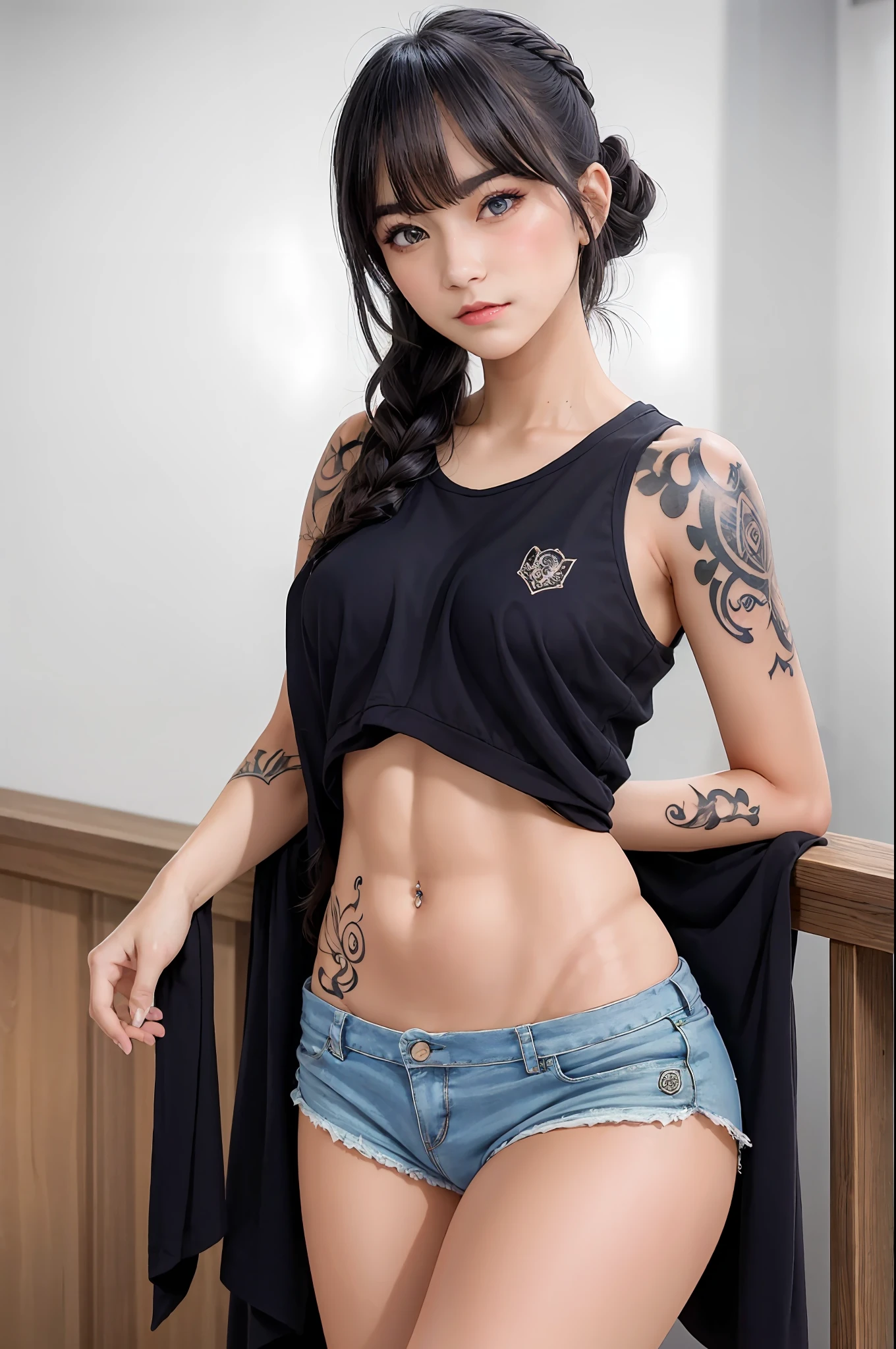 ((Best quality)), ((masterpiece)), ((highly intricate details)), 1girl, (detailed eyes),seductive expression, sportwear, tanktop, women shorts, (tattoos:1.4), strong eyeliner, heavy make-up, (long_hime_cut_hairstyle:1.3),multicolored hair, cameltoe,(tone abs:0.8