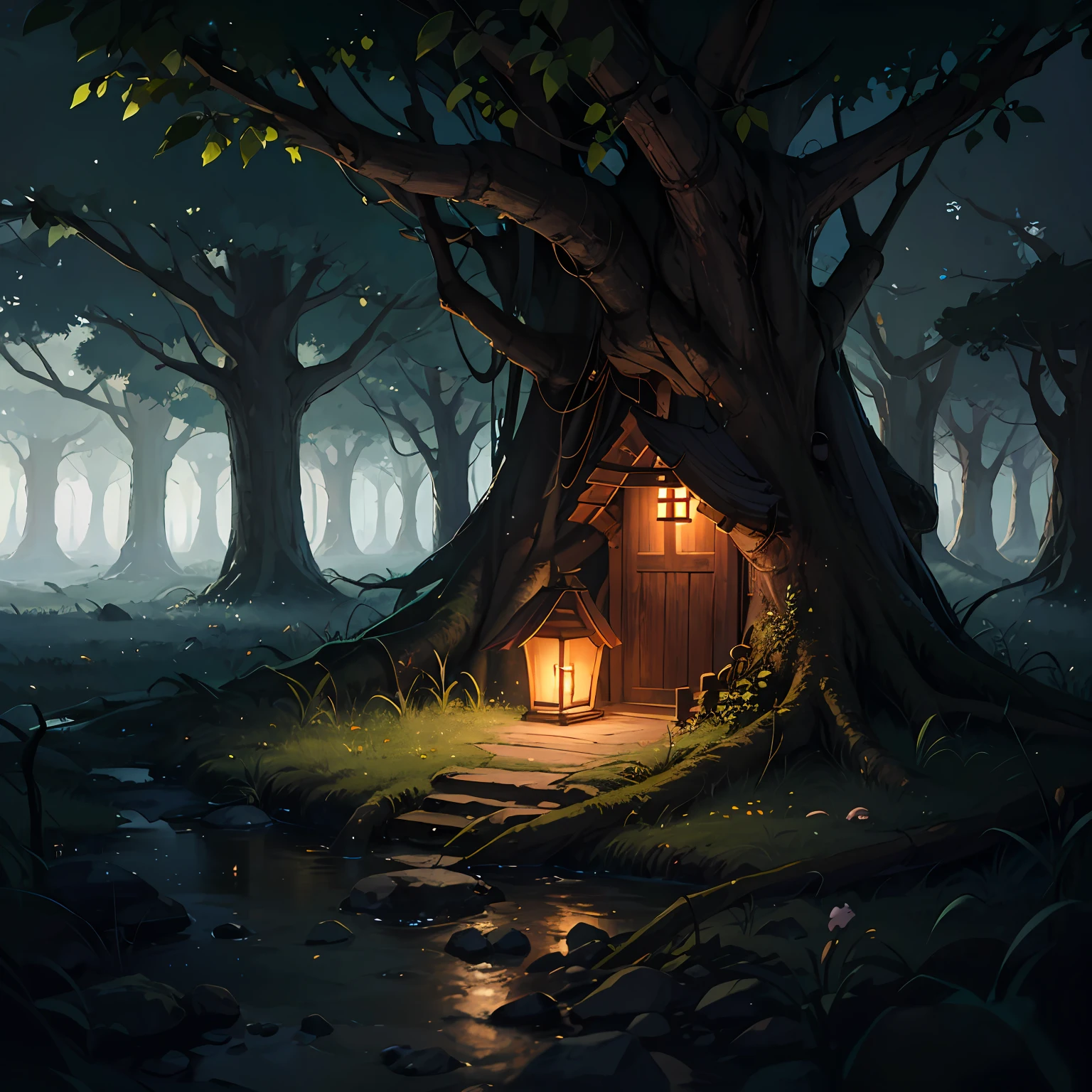 A fairy home inside a tree, in a forest at night, cold, Manga style, 8k, Super details, ccurate, best quality, anime stylish, epic atmosperic --auto