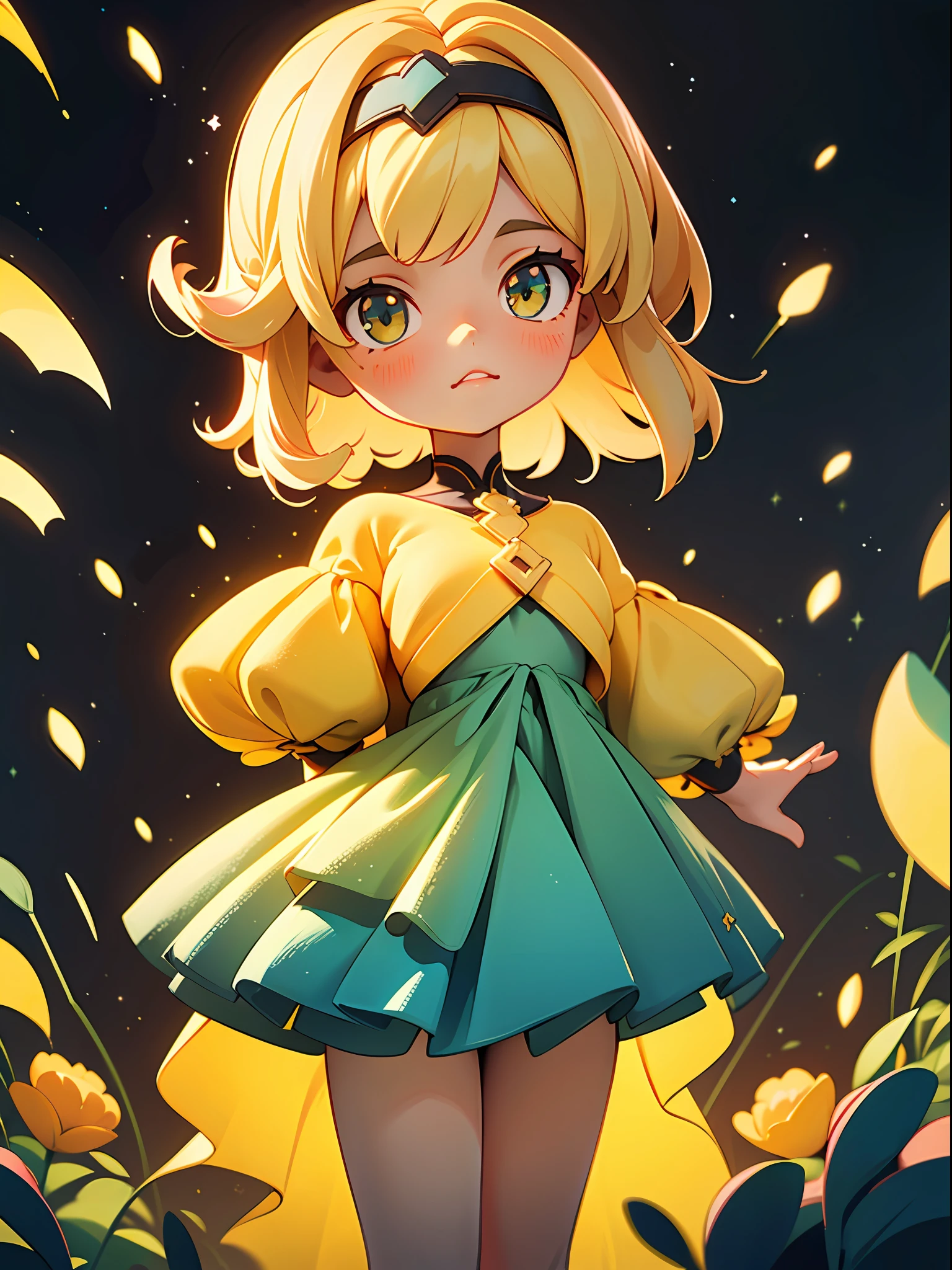 （Best quality at best，tmasterpiece），1girll，galaxias，glitters，shift dresses，Particle，ventania，florals，The upper part of the body，depth of fields，foreground，Dark simple background，looking at viewert，The blonde，