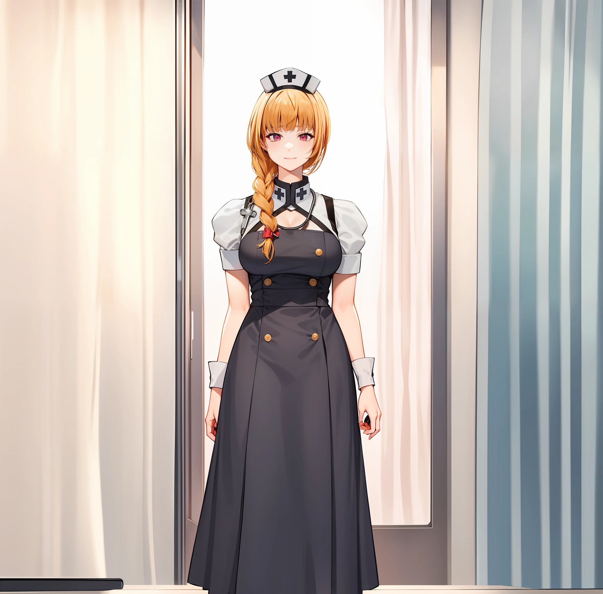 Anime girl with long hair and nurse hat, 8Head and body, Anime Maid, Female protagonist 👀 :8, marisa kirisame, Yayoi Kasuma, Gapmoe Yandere, nurse girl, detailed finger, Work in a hospital, Lowering the stethoscope, Long skirt, rena nounen style 3/4, Rei Hiroe, from girls frontline, gapmoe yandere grimdark, waifu, inspired by Li Chevalier