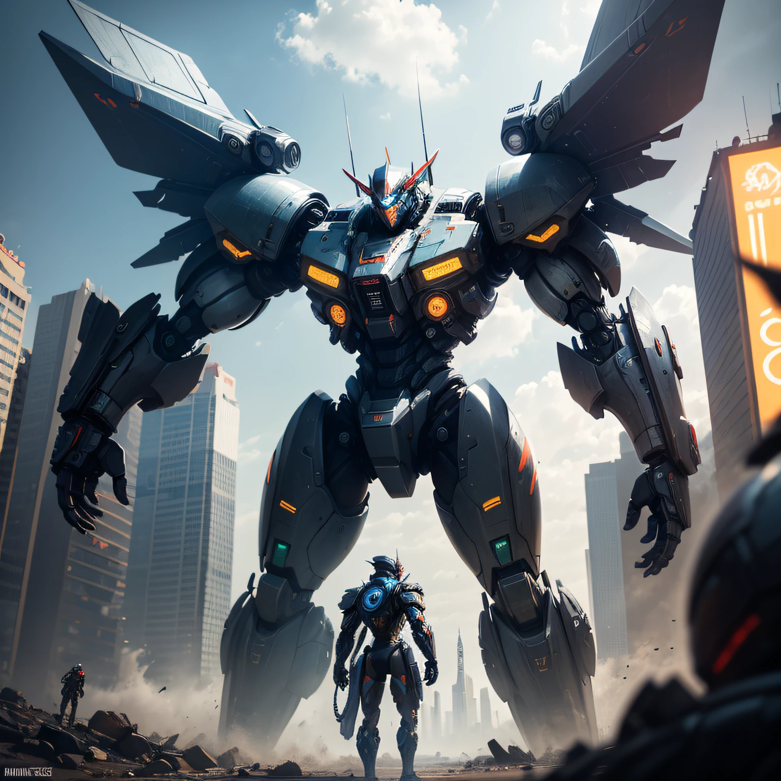 1mecha,Pacific Rim,cyber punk perssonage,Sense of oppression,The city of the future,Fight monsters,,Masterpiece,hyper HD,16k,structurally correct --auto