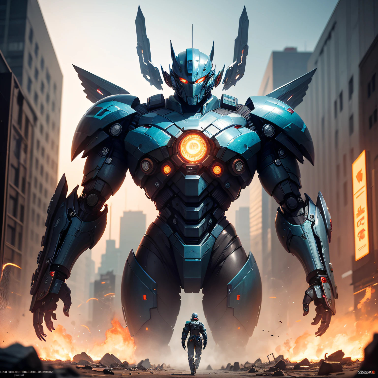 1mecha，Pacific Rim，cyber punk perssonage，Sense of oppression，The city of the future，Fight monsters，，Masterpiece，hyper HD，16k，structurally correct --auto