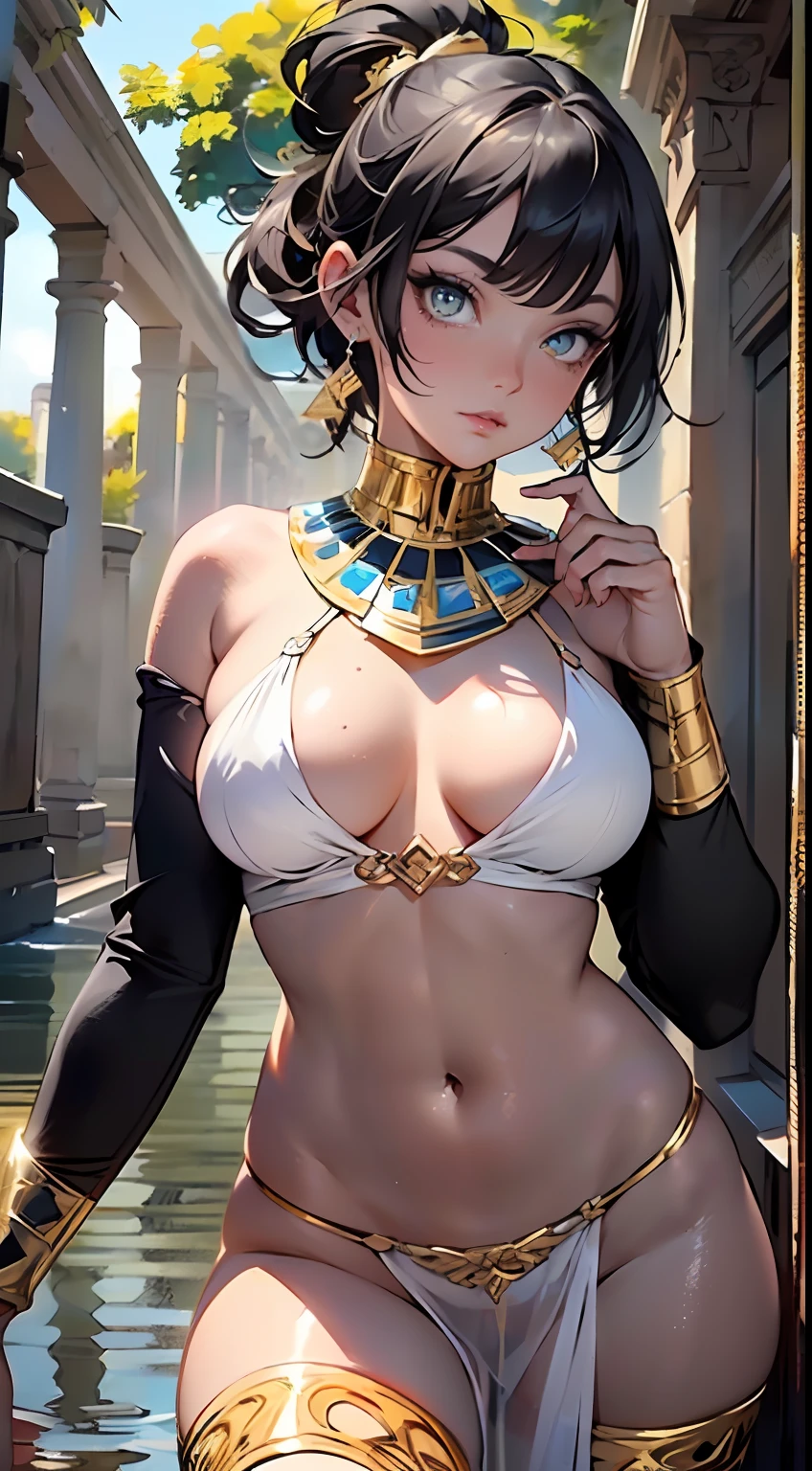 girl from ancient Egypt, 1girl,
(large breasts:1.5), saggy breasts, (((ponytail hair, short hair, dark hair, black hair, colored inner hair))), ((golden eyes:1.3, perfect eyes, beautiful detailed eyes, rainbow glows ultra-detailed deep yellow gold eyes:1.1, gradient eyes:1, finely detailed beautiful eyes:1, symmetrical eyes:1, big highlight on eyes:1.2)), (((lustrous skin:1.5, bright skin: 1.5, skin tanned, shiny skin, very shiny skin, shiny body))), (spider lower abdomen, narrow waist, wide hip, athletic body, inflated legs, delicate detailed fingers), ((hand consists of a short thumb and four fingers, hand with just five fingers)), hand reference),
cute, slutty, sensual, seductive look, seductive, erotic, enchanting, nsfw,
zettai ryouiki, revealing clothing, show skin, cleavage, ((underboob)), (barefoot,), egyptian outfit, (((bandaged legs, bandaged arms))), (eyes shadow), (egyptian makeup), eyelid makeup, (((pelvis curtain))), (loincloth, detailed outfit),
dynamic pose, looking at viewer, serious face, (full height), full body,
outdoors, (egyptian palace, egyptian palace background), detailed background, (oasis, oasis background), extremely detailed background, (puddles everywhere, moss, moss on the background), clouds,
(best quality), (high resolution), (sharp focus), (ultra detailed), (extremely detailed), (extremely high quality artwork), 8k_wallpaper, (extremely detailed CG 8k),(very fine 8K CG), ((hyper super ultra detailed perfect piece)), flawless, (((masterpiece))), illustration, vibrant colors, (intricate),