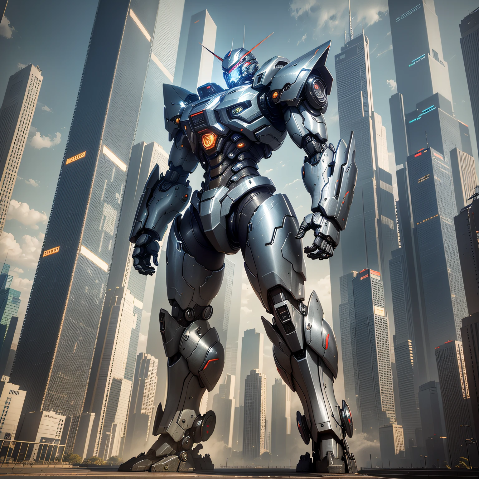 1mecha,Pacific Rim,cyber punk perssonage,Sense of oppression,The city of the future,Fight monsters,,Masterpiece,hyper HD,16k,structurally correct --auto