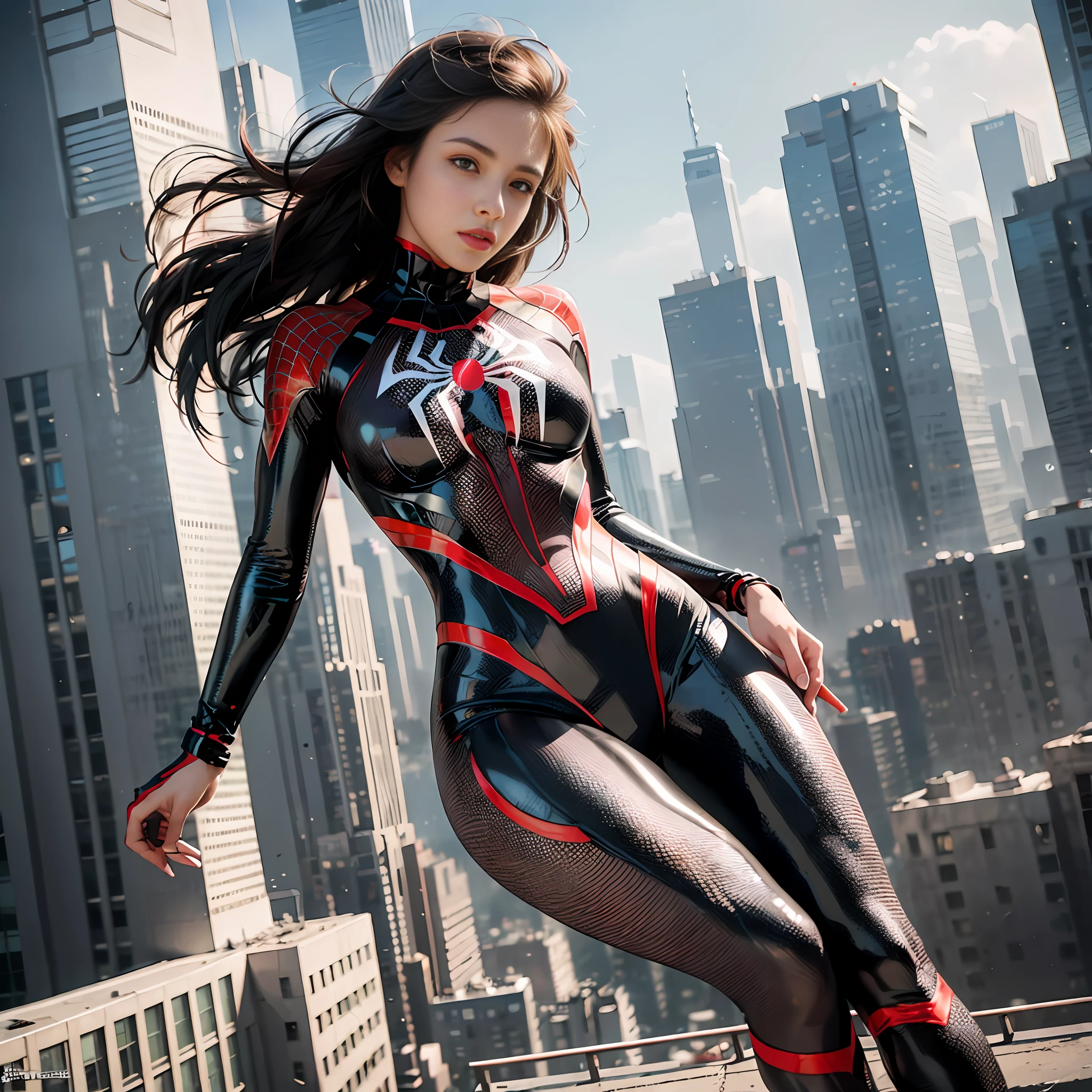(1girl:1.3), Solo, (((Very detailed face)))), ((Very detailed eyes and face)))), Beautiful detail eyes, Body parts__, Official art, Unified 8k wallpaper, Super detailed, beautiful and beautiful, beautiful, masterpiece, best quality, original, masterpiece, super fine photo, best quality, super high resolution, realistic realism, sunlight, full body portrait, amazing beauty, dynamic pose, delicate face, vibrant eyes, (from the front), She wears Spider-Man suit, red and black color scheme, spider, very detailed city roof background, rooftop, overlooking the city, detailed face, detailed complex busy background, messy, gorgeous, milky white, highly detailed skin, realistic skin details, visible pores, clear focus, volumetric fog, 8k uhd, DSLR, high quality, film grain, fair skin, photo realism, lomography, futuristic dystopian megalopolis, translucent