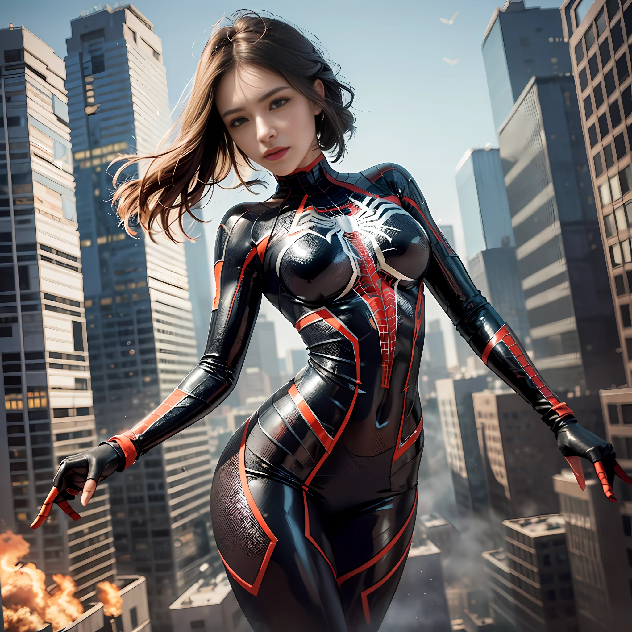 (1girl:1.3), Solo, (((Very detailed face)))), ((Very detailed eyes and face)))), Beautiful detail eyes, Body parts__, Official art, Unified 8k wallpaper, Super detailed, beautiful and beautiful, beautiful, masterpiece, best quality, original, masterpiece, super fine photo, best quality, super high resolution, realistic realism, sunlight, full body portrait, amazing beauty, dynamic pose, delicate face, vibrant eyes, (from the front), She wears Spider-Man suit, red and black color scheme, spider, very detailed city roof background, rooftop, overlooking the city, detailed face, detailed complex busy background, messy, gorgeous, milky white, highly detailed skin, realistic skin details, visible pores, clear focus, volumetric fog, 8k uhd, DSLR, high quality, film grain, fair skin, photo realism, lomography, futuristic dystopian megalopolis, translucent