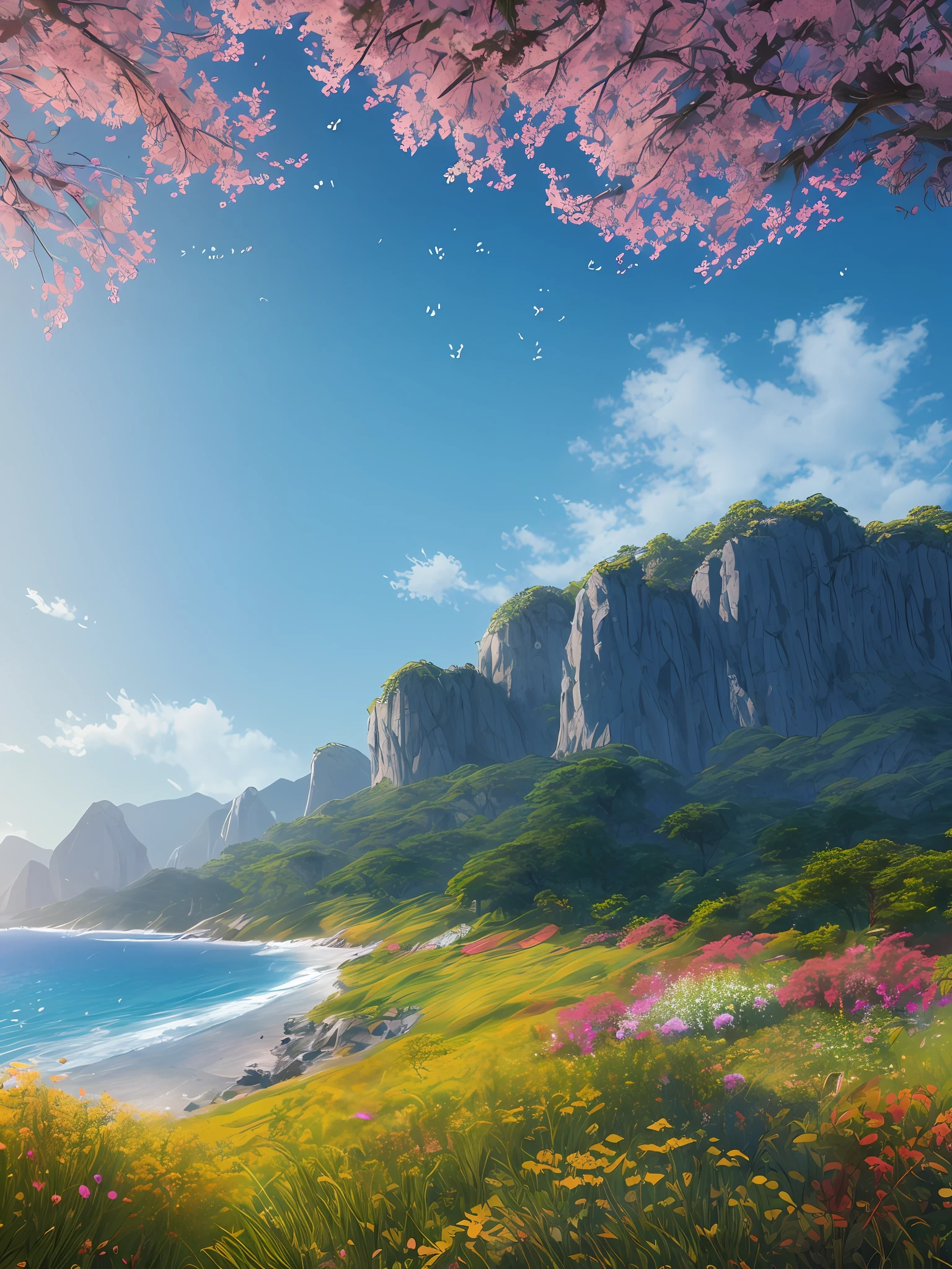 Masterpiece, best quality, (very detailed CG unity 8k wallpaper) (best quality), (best illustration), (best shadows) Nature&#39, blue sea,delicate leaves petals of various colors falling in the air light Tracking, super detailed --v6