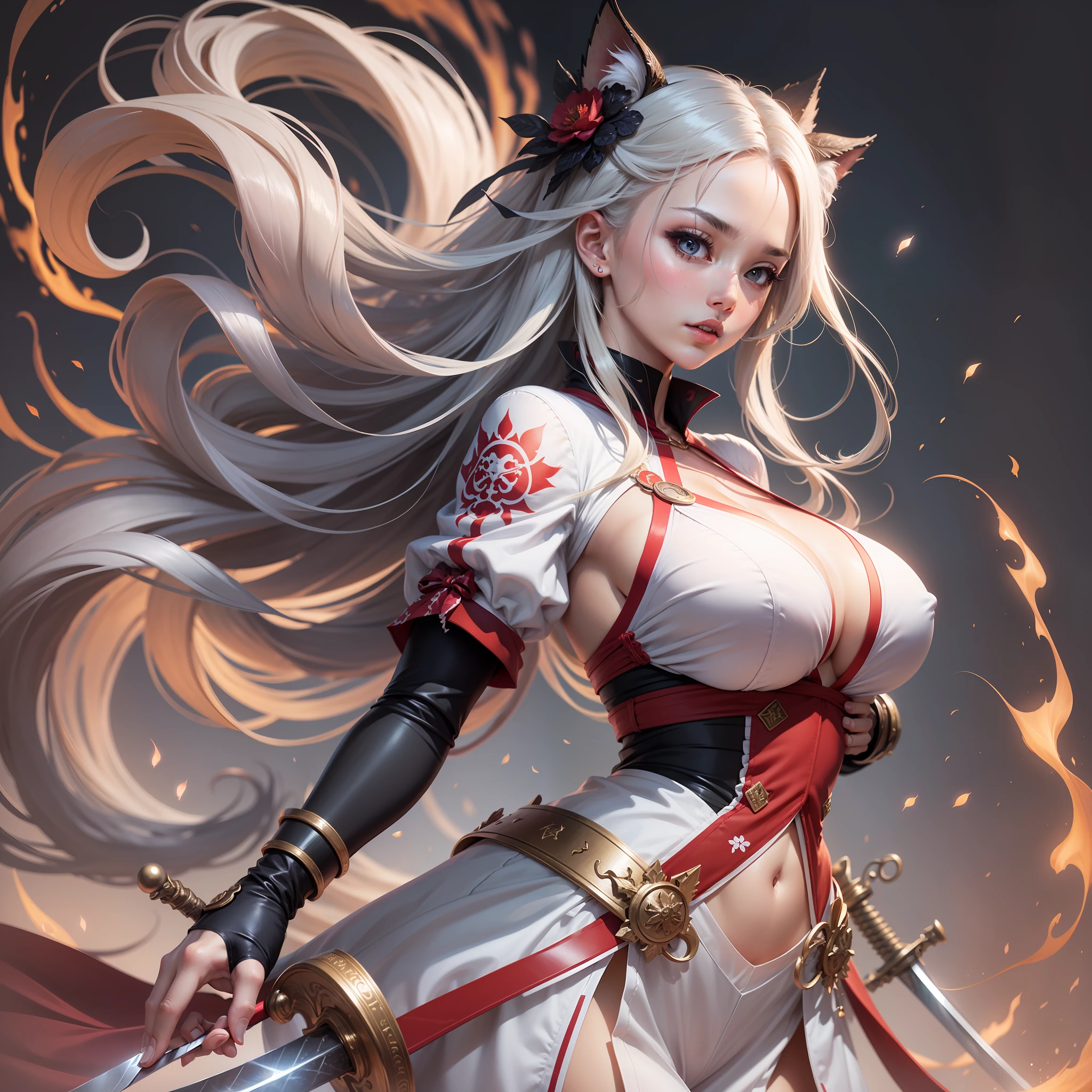 Woman with a sword、The sword glows red、Women are beautiful、kawaii faces、japanes、Breasts are big、Colossal tits、huge-breasted、ninjartist、Ninja clothes、White overall、Long hair、Fantastical、high-level image quality、Transparent background、((Transparent background))、huge-breasted、Fantastical、