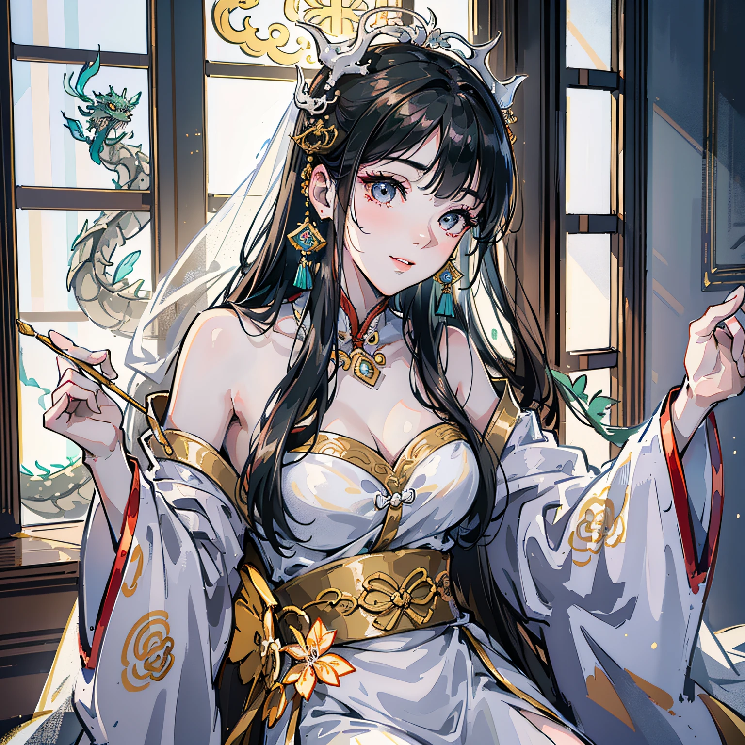 Best quality,masterpiece,high resolution,1 girl,(hanfu:1.2),(gold thread stitching:1.1),White translucent silk dragon robe,(Translucent Silk Dragon Robe:1.3),(Inside the ancient Chinese palace:1.2),(smile:1.1),lips,dress,(hair accessories:1.2),(Ancient Chinese dragon chair:1.3),necklace,(jewelry:1.1),long hair,Medium chest,earrings,delicate beautiful eyes,delicate eyelashes,beautiful face,upon_body,tyndall effect,(realistic:1.2),edge lighting,two-tone lighting,(high detail skin:1.2),8K UHD,DSLR camera,soft light,high quality,volumetric light,snapshot,(photo:1.1),high resolution,supreme,high resolution,detailed eyelashes,beautiful face,body,tyndall effect,two-tone lighting,(high detail skin:1.2),8k ultra high definition,soft light,high quality,volumetric lighting,candid shooting,(low angle shot:1.1), --auto