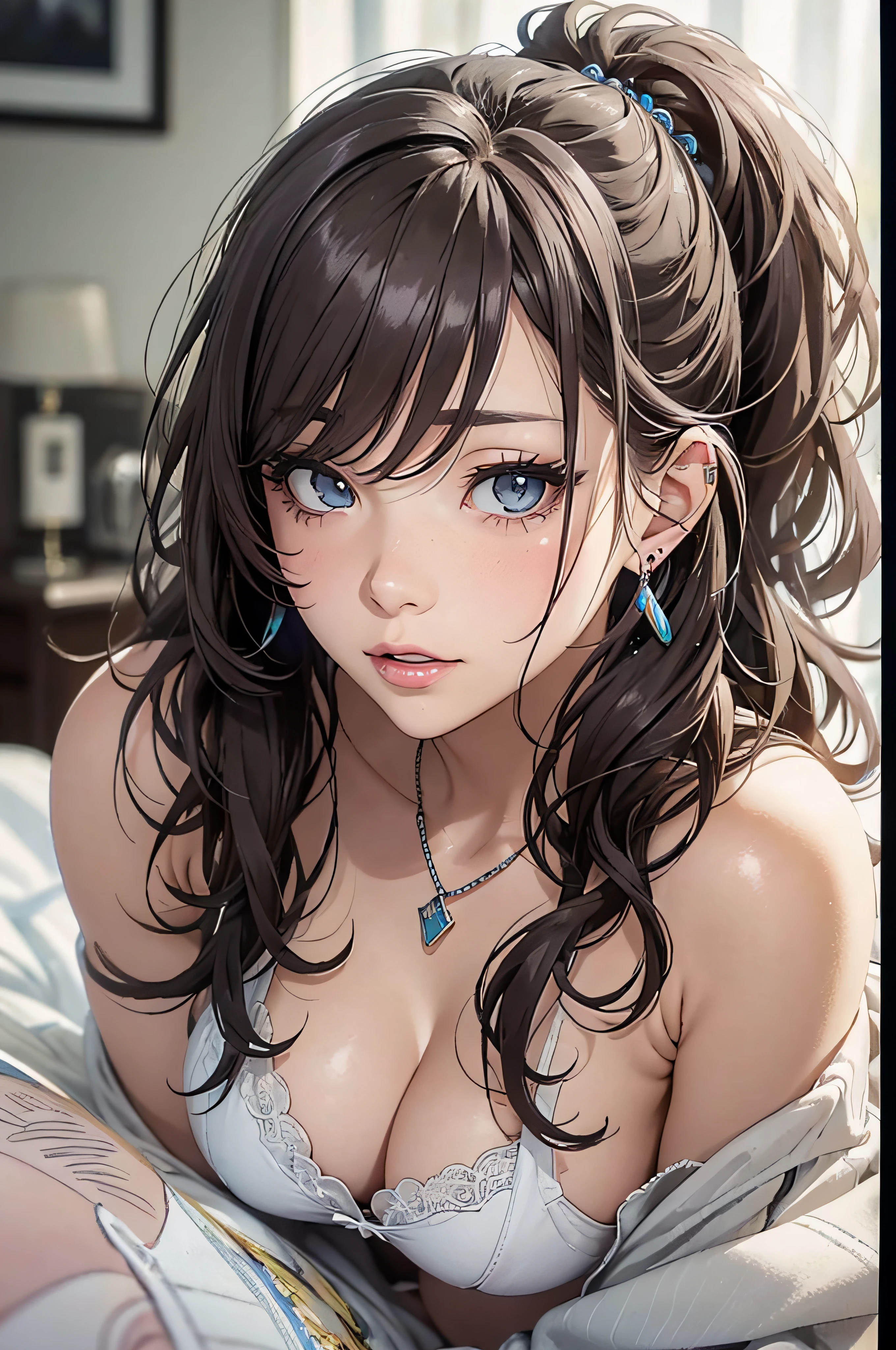 (masutepiece: 1.3), (max resolution: 1.2), (Ultra HDTV: 1.2), cinematric light, Ultra HDTV, (Detailed eyes and skin), (detailed facial features), nffsw, 8K resolution, Sharp Focus: 1.2, Perfect Style, Beautiful face, acurate, Anatomically correct, Highly detailed face and skin texture, Detailed eyes, Double eyelids, Thin eyebrows, Glitter Eyeliner: 1.2, Natural cheeks, Glossy skin, Fair skin: 1.2, shiny little necklace and earrings, (Glossy lips: 1.4),  (tight skirts: 1.2), You're turning your feet at me, (Shy look: 1.2), (25 years old, Neat girl), (ponytail in high position, Wavy Hair, Brown hair, bangs flowing diagonally), Medium Long Hair, (Focus on Face:1.2), ((large full breasts)), (upturned breasts), (in bed room: 1.2)), (She lies with her knees open on the bed：1.2.)), ((She  lifted her chin:1.2)), (Look away a little。)), Highly detailed facial and skin texture, Detailed eyes, Double eyelids, Natural cheeks, Blue eyes,  shiny little necklace and earrings, shiny lips: 1.4,Exposed cleavage、Sperm taken、dripping sperm、red blush、Traces of tears、embarrassed from、White underwear、White bra、Open knees、open one's legs、Masturbation behavior、disheveled clothing、Exposed panties、Wearing sweat、sodden、Sheer underwear、White blouses、Sexually arousal、Uttori、A dark-haired、Gray eyes、