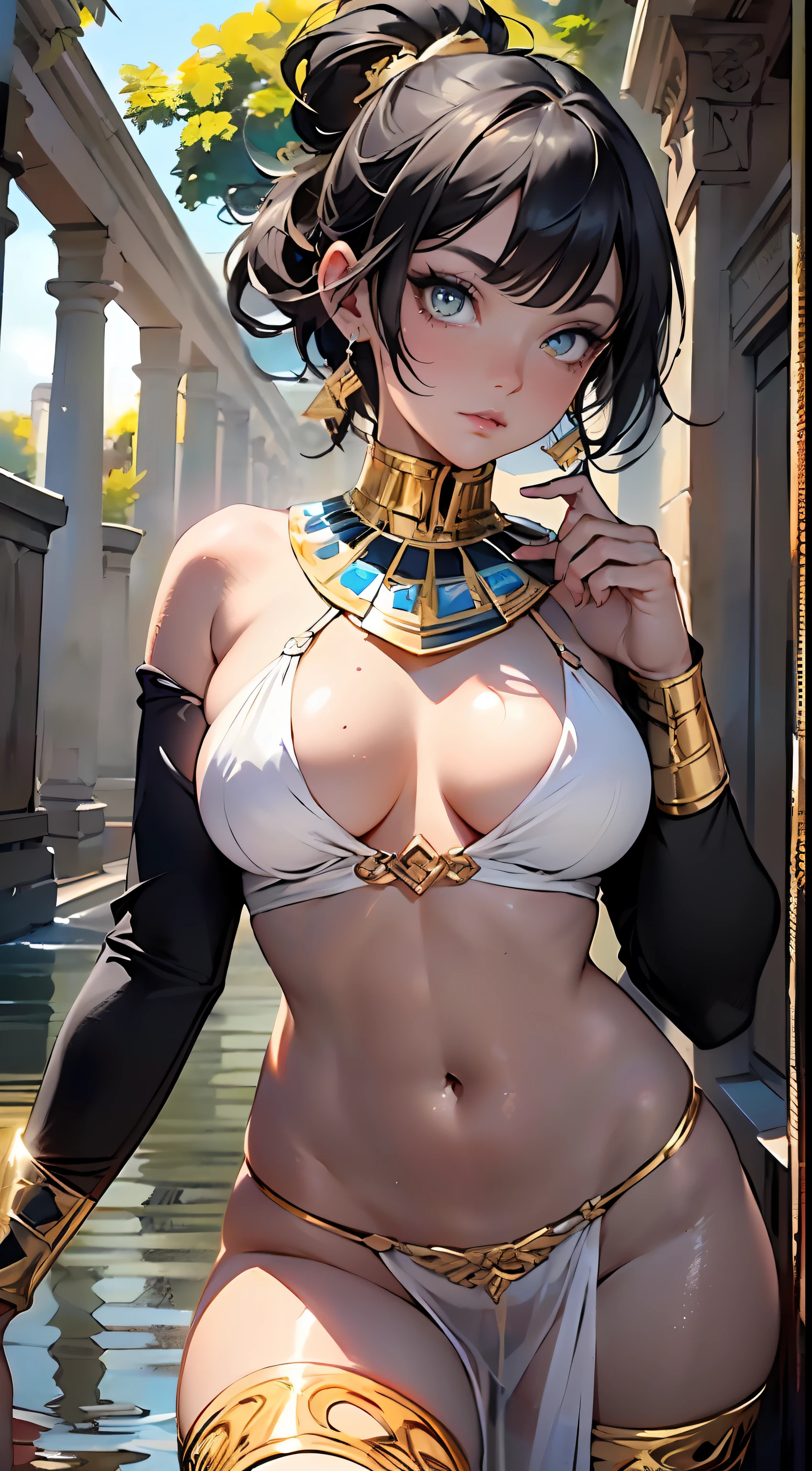 girl from ancient Egypt, 1girl,
(large breasts:1.5), saggy breasts, (((ponytail hair, short hair, dark hair, black hair, colored inner hair))), ((golden eyes:1.3, perfect eyes, beautiful detailed eyes, rainbow glows ultra-detailed deep yellow gold eyes:1.1, gradient eyes:1, finely detailed beautiful eyes:1, symmetrical eyes:1, big highlight on eyes:1.2)), (((lustrous skin:1.5, bright skin: 1.5, skin tanned, shiny skin, very shiny skin, shiny body))), (spider lower abdomen, narrow waist, wide hip, athletic body, inflated legs, delicate detailed fingers), ((hand consists of a short thumb and four fingers, hand with just five fingers)), hand reference),
cute, slutty, sensual, seductive look, seductive, erotic, enchanting, nsfw,
zettai ryouiki, revealing clothing, show skin, cleavage, ((underboob)), (barefoot,), egyptian outfit, (((bandaged legs, bandaged arms))), (eyes shadow), (egyptian makeup), eyelid makeup, (((pelvis curtain))), (loincloth, detailed outfit),
dynamic pose, looking at viewer, serious face, (full height), full body,
outdoors, (egyptian palace, egyptian palace background), detailed background, (oasis, oasis background), extremely detailed background, (puddles everywhere, moss, moss on the background), clouds,
(best quality), (high resolution), (sharp focus), (ultra detailed), (extremely detailed), (extremely high quality artwork), 8k_wallpaper, (extremely detailed CG 8k),(very fine 8K CG), ((hyper super ultra detailed perfect piece)), flawless, (((masterpiece))), illustration, vibrant colors, (intricate),