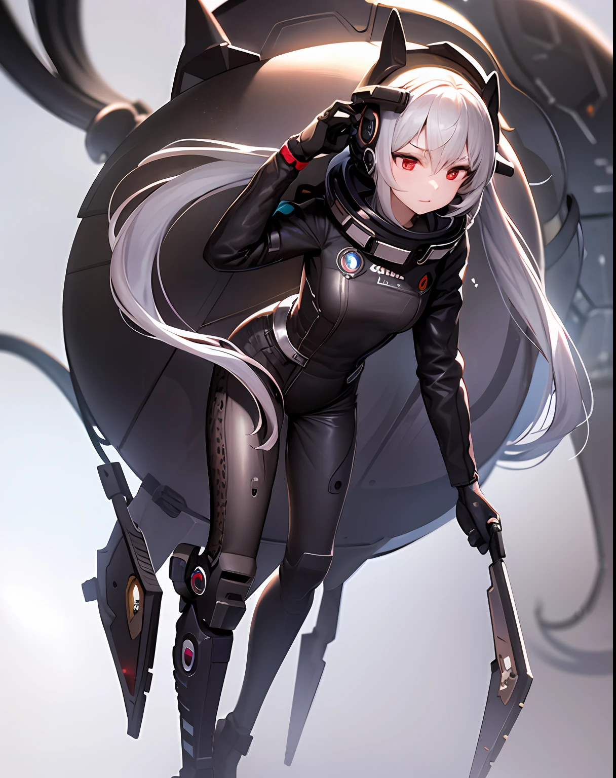 tmasterpiece,Need,1girl,(space),space ship,(Spacesuit),The upper part of the body,Lateral face,sci-fy,Red eyes,dual horsetail,silber hair,binding