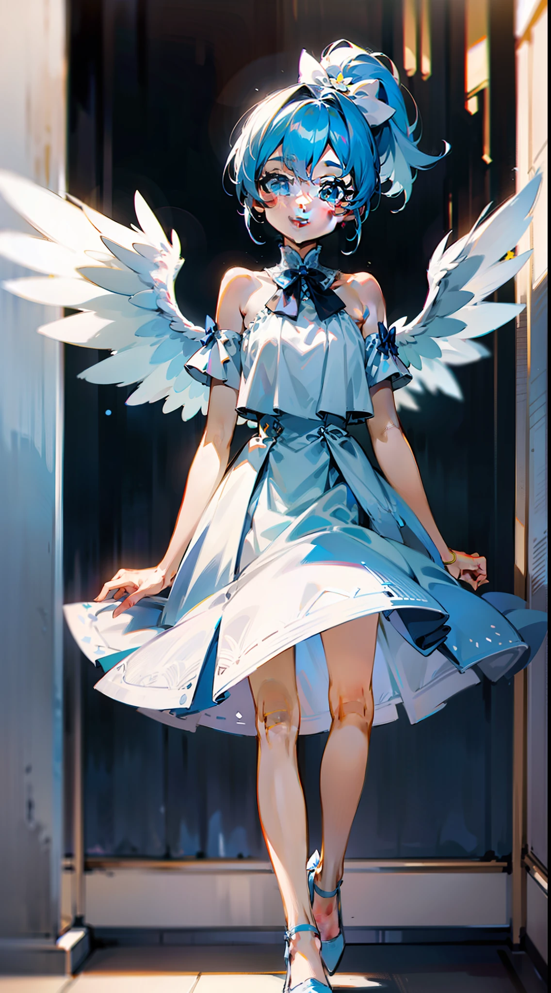 Campus background,,She has a long ponytail,lightblue hair,an orchid flower,Light blue 10cm heels,Light blue bow,White top,cropped shoulders,Short light blue skirt,light blue hair,Light eyes,white clothes,thin very long legs,Angel white wings,Cute and sweet,having fun,Full body painting。