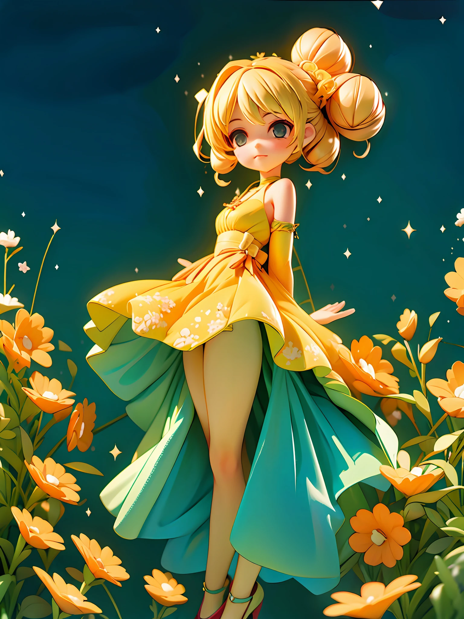 （Best quality at best，tmasterpiece），1girll，galaxias，glitters，shift dresses，Particle，ventania，florals，The upper part of the body，depth of fields，foreground，Dark simple background，looking at viewert，The blonde，