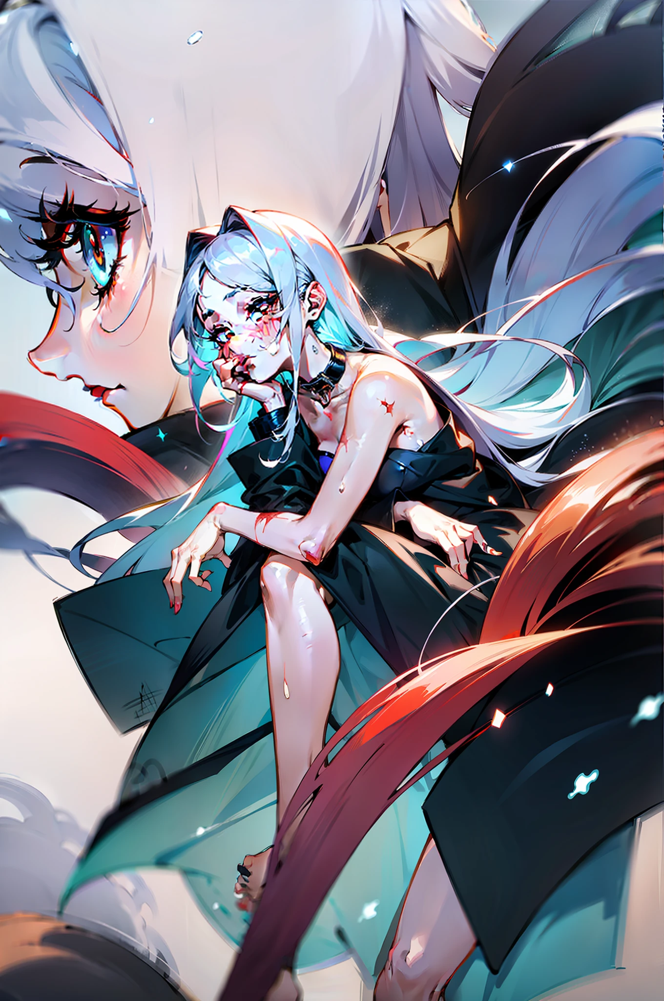 (tmasterpiece), highly detailed, 8K,,Harmonious composition,cold shades,Beautiful girl with white hair and long hair, Red pupils,Side face,With collar,There are scars on the face,blacksilk,Close-up of feet,Black coat, White underwear,Get wet all over your body,bleed