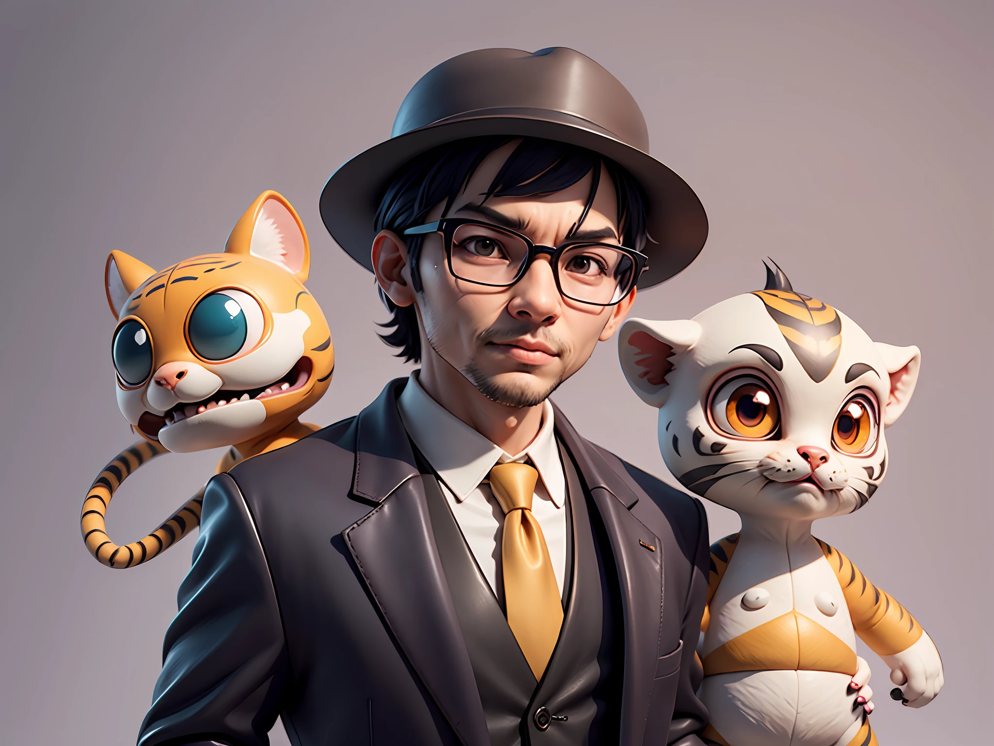 Young man with oriental face in leather hat, tiger, oriental face in formal suit, short black hair, silver glasses, digital painting, 3D character design by Mark Clairedon and Pixar and Hayao Miyazaki and Akira Toriyama, the illustration is a high-definition illustration in 4K resolution with very detailed facial features and cartoon-style visuals.