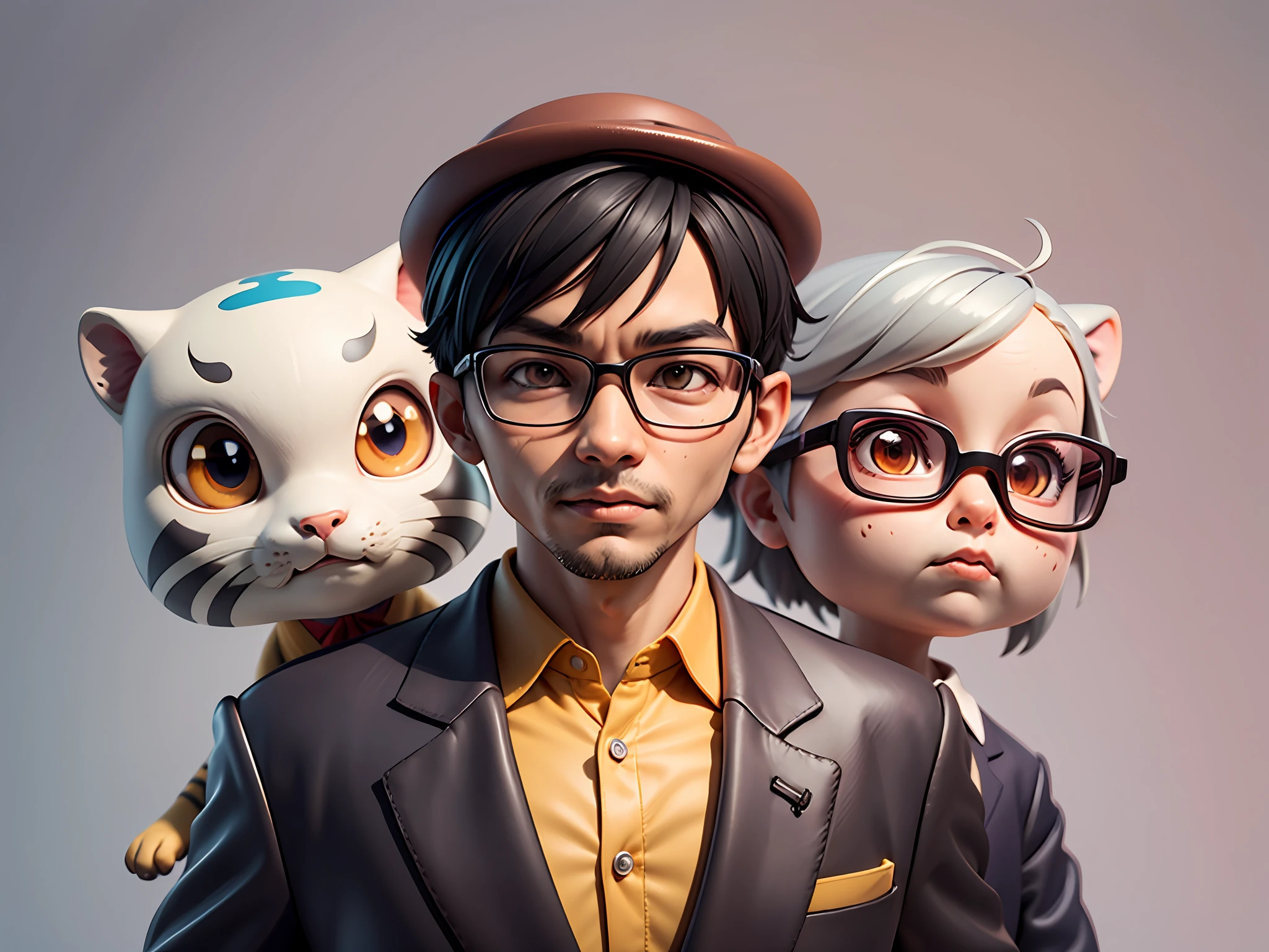 Young man with oriental face in leather hat, tiger, oriental face in formal suit, short black hair, silver glasses, digital painting, 3D character design by Mark Clairedon and Pixar and Hayao Miyazaki and Akira Toriyama, the illustration is a high-definition illustration in 4K resolution with very detailed facial features and cartoon-style visuals.