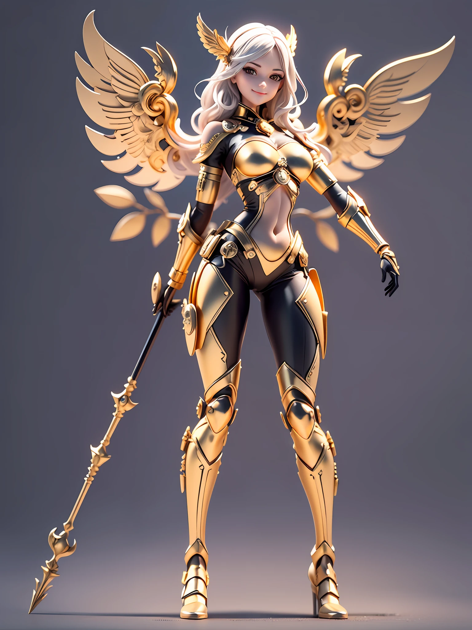 (Masterpiece), (Excellent), (Ultra detailed), (full body: 1.2), (Solo), golden theme, 1 mechanical female warrior,standing on your feet,Wings,Smile,Spear in hand,circular base,Clay texture,Black and white background, Natural light, 3D art, C4D, a 3D render, 8K