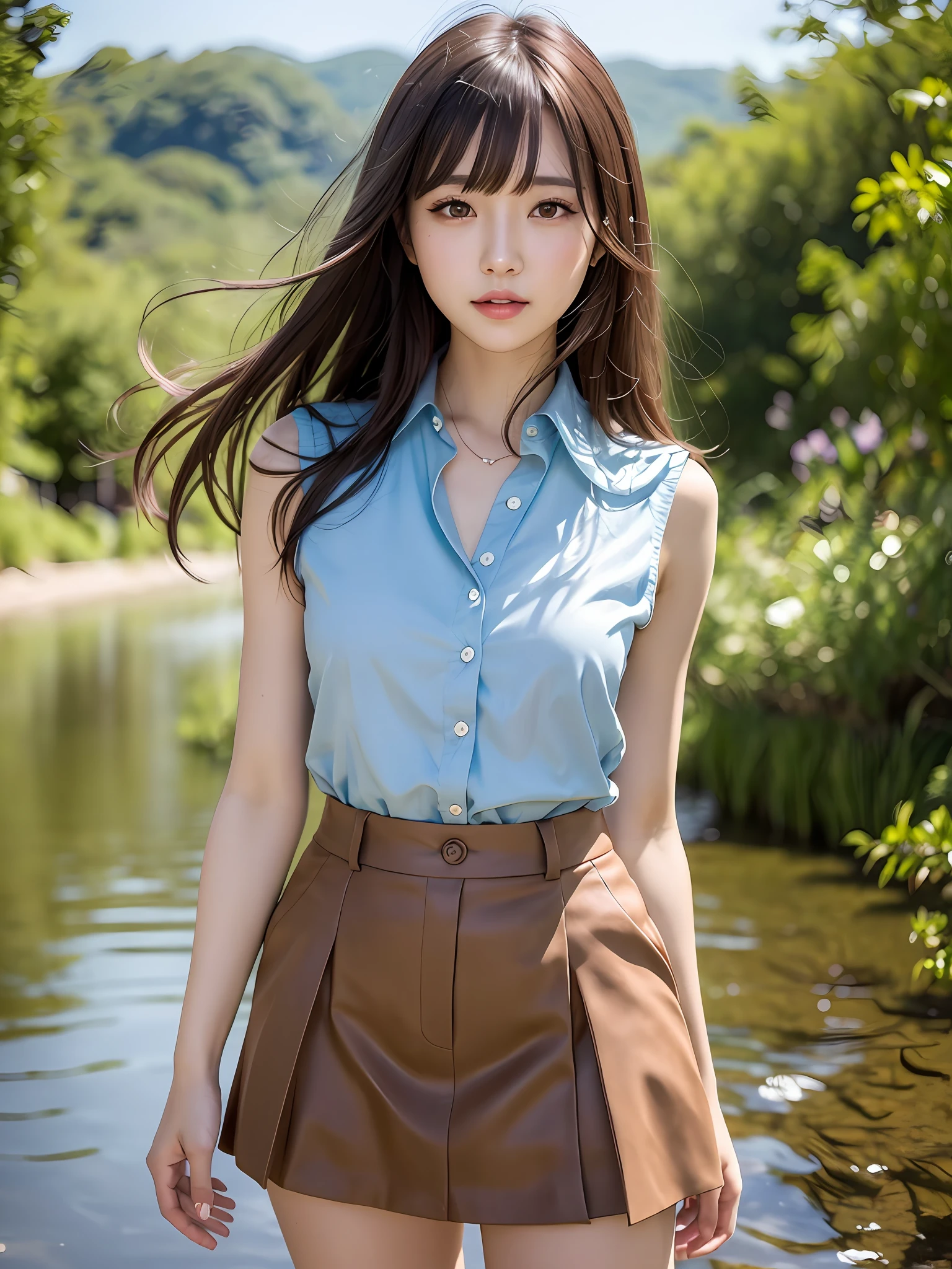 mastepiece, 1 girl per 1 photo, cowboy shot, front view, a Japanese young pretty girl, standing by a lake surrounded by mountains of a countryside of Japan, a big smile, glamorous figure, wearing a sleeveless light blue blouse with collared, wearing a light brown short culottes skirt, naked feet with low heels sandals, a summer sunshine, hyper cute face, glossy lips, double eyelids for both eyes, natural makeup, shiny smooth light brown hair of long bob hair, asymmetrical bangs, tanned skin, central image, 8K resolution, high detail, detailed hairstyle, detailed face, cinematic lighting, octane rendering, hyper realistic, perfect limbs, perfect anatomy