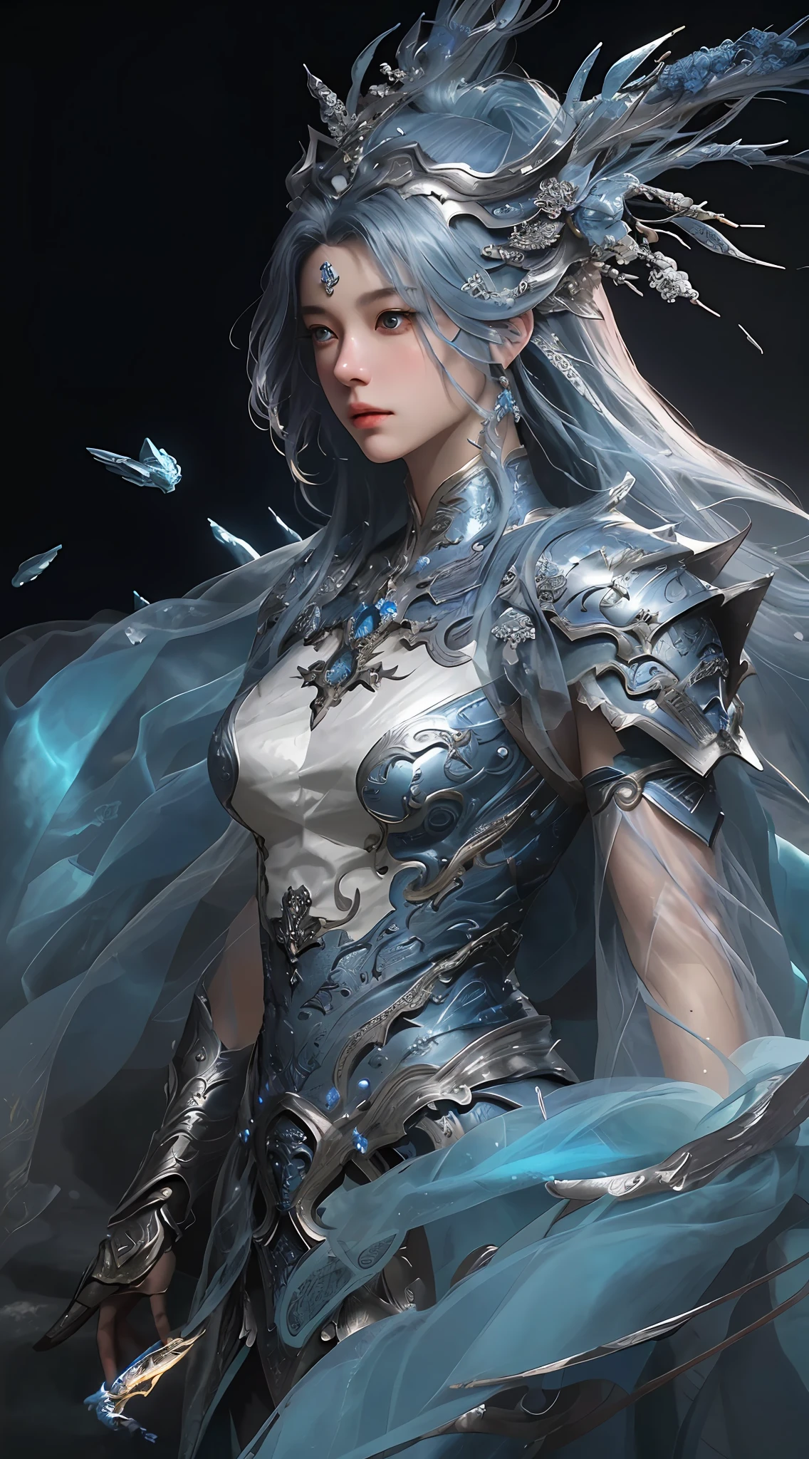 a close up of a woman in a silver and blue dress, chengwei pan on artstation, by Yang J, detailed fantasy art, stunning character art, fanart best artstation, epic exquisite character art, beautiful armor, extremely detailed artgerm, detailed digital anime art, artgerm on artstation pixiv, armor girl