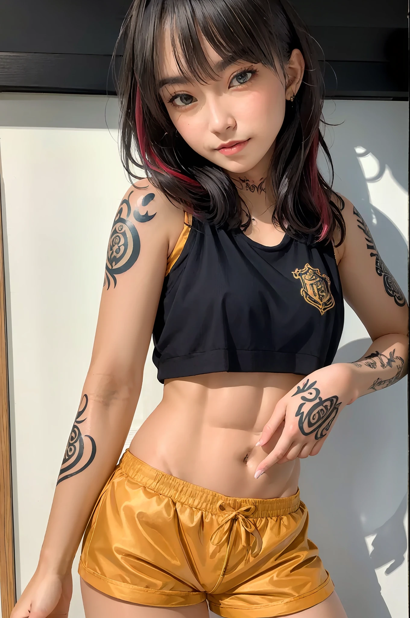 ((Best quality)), ((masterpiece)), ((highly intricate details)), 1girl, (detailed eyes),seductive expression, sportwear, tanktop, women shorts, (tattoos:1.4), multicolored hair, cameltoe,(tone abs:0.8