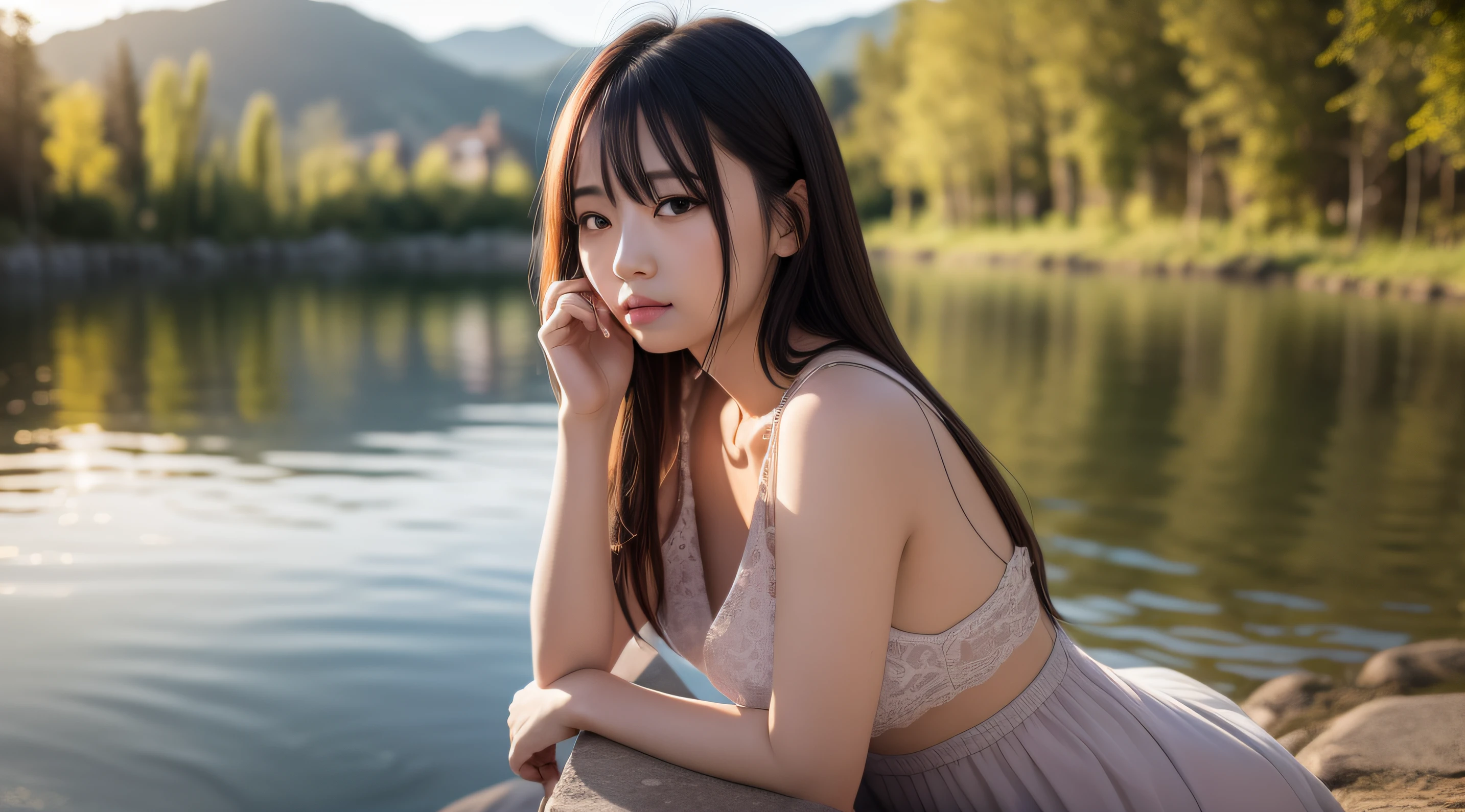 1girll，Calm expression，delicate black eyes，long whitr hair，Flowing skirt，A calm posture，Porcelain-like skin，Subtle blush，Crystal Pendant BREAK Prime Time，（edge lit）：1.2，sunflare，soft shade，Fantastic atmosphere BREAK scenic lake，Far Mountain，Calm water surface，Reflectors，Sunlit clouds，tranquil ambiance，Idyllic sunsets，ultra - detailed，offcial art，统一 8k 壁纸