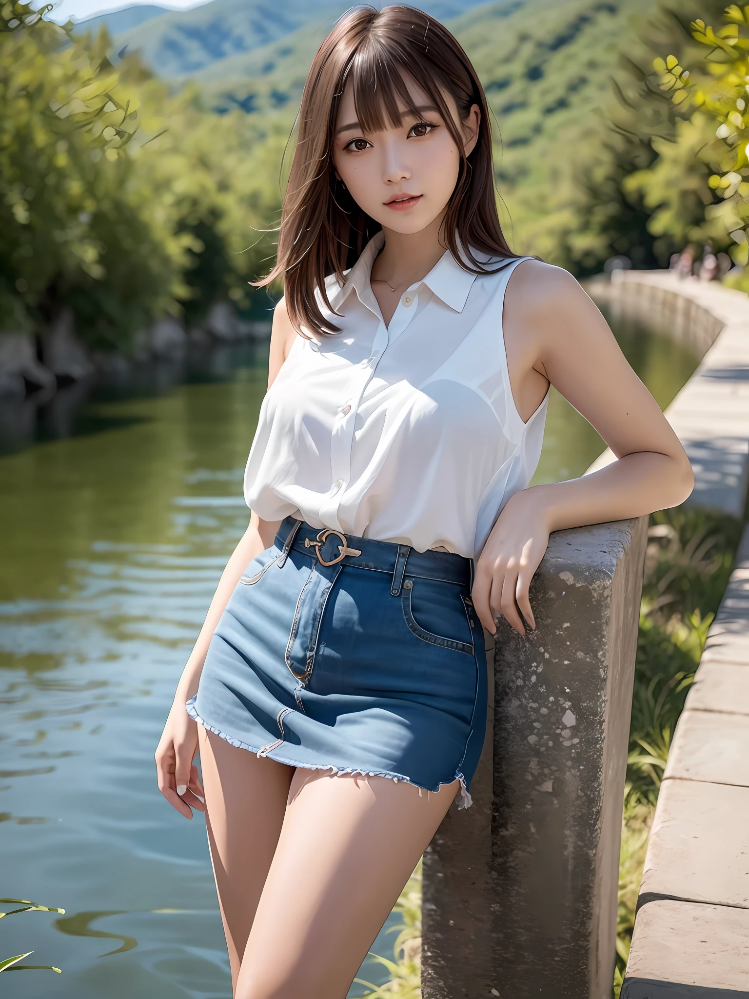 mastepiece, 1 girl per 1 photo, cowboy shot, front view, a Japanese young pretty girl, standing by a lake surrounded by mountains of a countryside of Japan, a big smile, glamorous figure, wearing a sleeveless light blue blouse with collared, wearing a light brown short culottes skirt, naked feet with low heels sandals, a summer sunshine, hyper cute face, glossy lips, double eyelids for both eyes, natural makeup, shiny smooth light brown hair of long bob hair, asymmetrical bangs, tanned skin, central image, 8K resolution, high detail, detailed hairstyle, detailed face, cinematic lighting, octane rendering, hyper realistic, perfect limbs, perfect anatomy