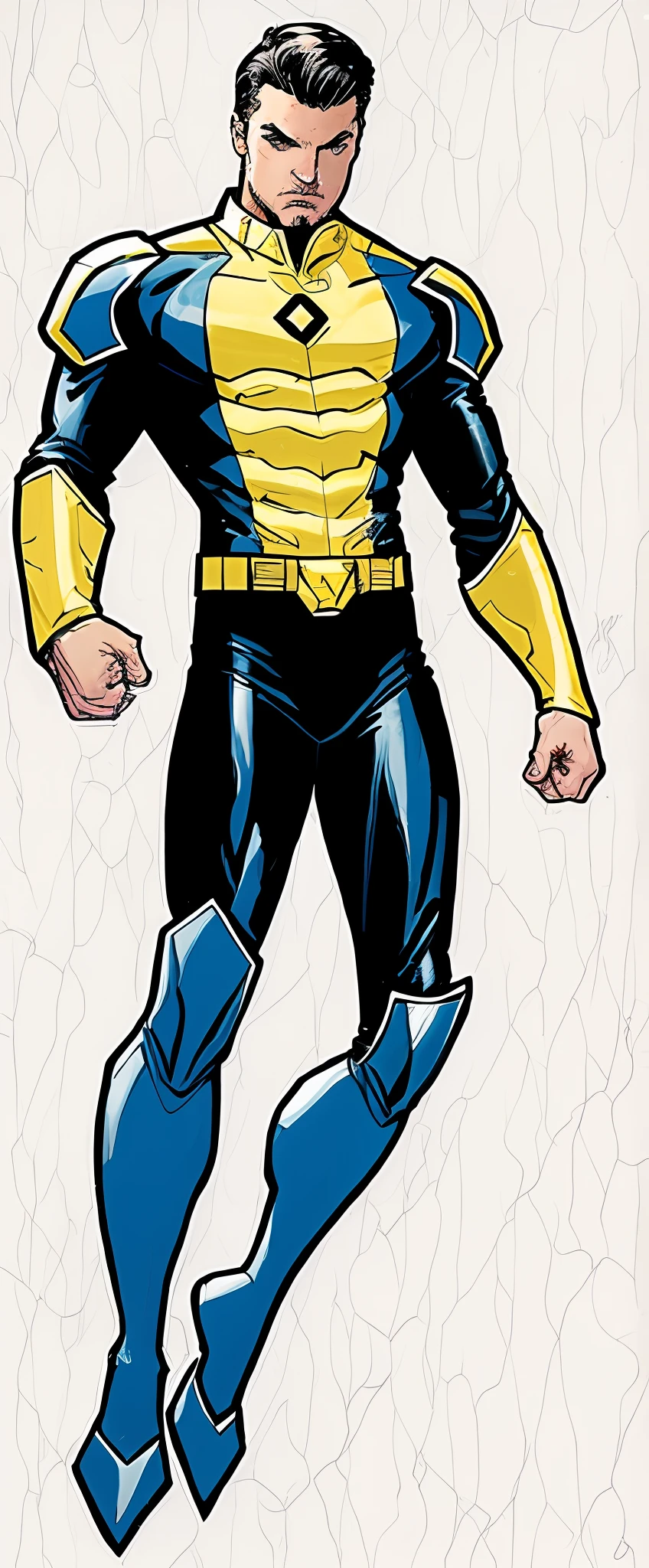 Invincible, close up of a man in a yellow and blue armor, silver highlights, yellow x-man suit, x-man armor, full portrait of invincible, blue and yellow, russell dauterman, x man armor, 90s comic book character design, comic book character, john romita junior, phil jimenez, inspired by John Romita, photo of Timothy Chalamet, shot on dslr camera, clean cut, flowing hair, stern eyes, clean art