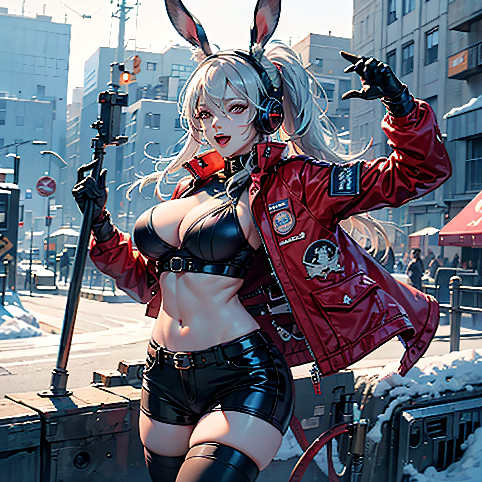 animal ear headphones, animal ears, arms up, bangs, blush, tights, , rabbit pose, clothes writing, covering navel, denim shots, cropped jackets, fake animal ears, gloves, outdoors, morning, snow, hair intake, headphones, impossible tights, impossible clothes, jacket, big bre, latex tights, long hair, long sleeves, looking at the audience, big breasts, multives, open mouth, pink tights, pink eyes, red eyes, red jacket, shiny clothes, shrug \ (clothes), sidelocks, tight, smile, thigh gap, thigh, double ponytail, very long hair, white gloves, white hair, alice\(nikke\), (shiny skin), realistic, --auto