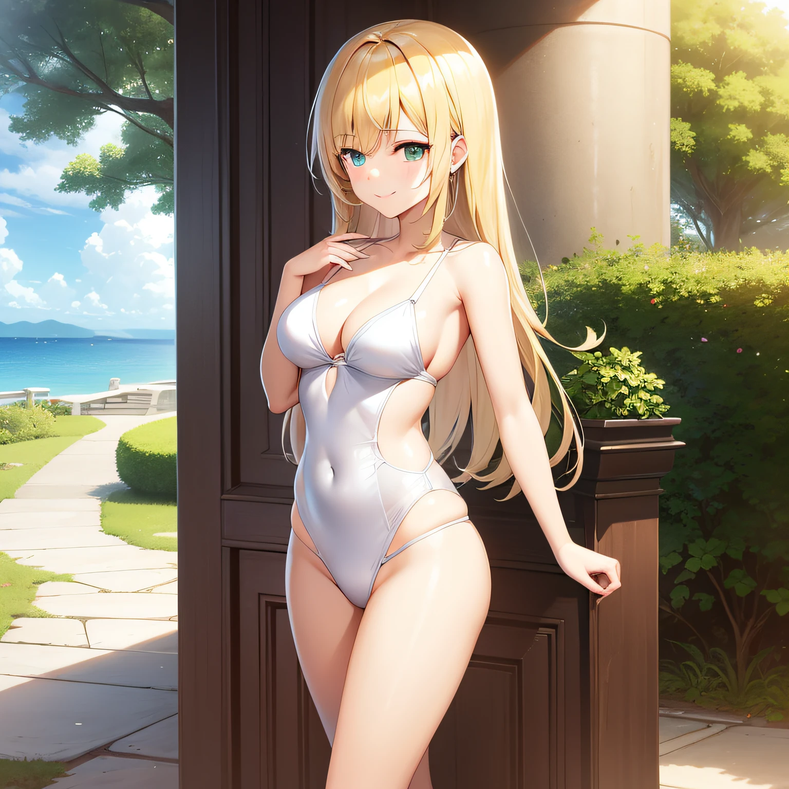 top quality, very delicate and beautiful, (girl in her late teens), white ribbon, alone, white slingshot swimsuit, standing, smile, blue-green eyes, blonde that reaches the waist, blonde, black combat boots, Her Majesty the Queen, noble,