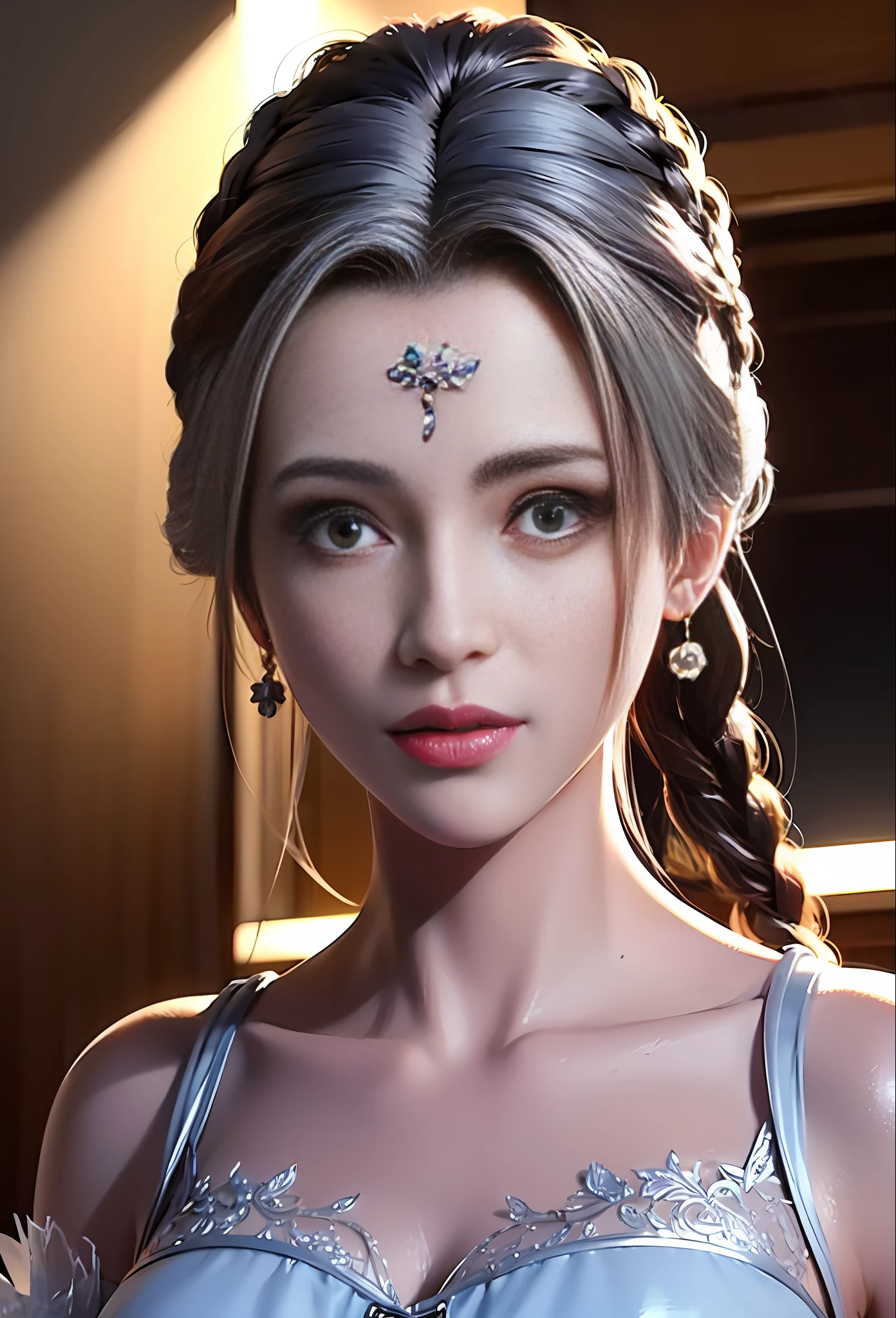 Best Quality, Masterpiece: 1.4), Ultra High Resolution, Realistic, Front Lighting, Intricate Details, Delicate Details and Textures, 1girl, Solo, (Young), Facial Highlight, Upper Body, Detail Face, Tear Mole, White Skin, Silver Hair, Ponytail, Braid, Looking at the Audience, Big Eyes, (Openwork Pattern, Black, Silk), Earrings, , Slim Figure, Deluxe Room, Professional Lighting, Photon Mapping, Teleportion, Physically Based Rendering,