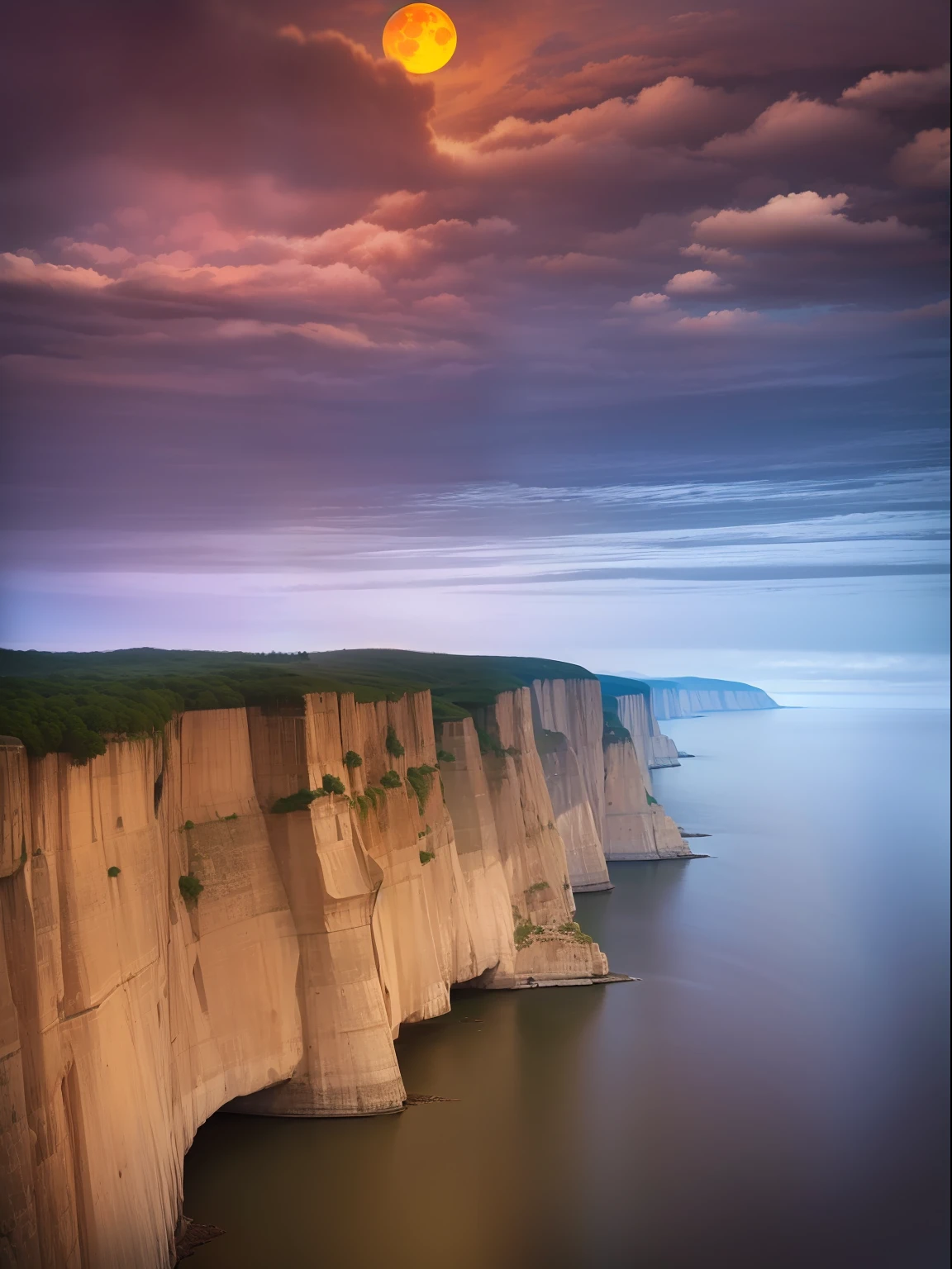 Close to the cliffs at right angles，Particularly round red moon，misterious，The gray sky is pure and cloudless，The picture color is clean，8K HD realism，