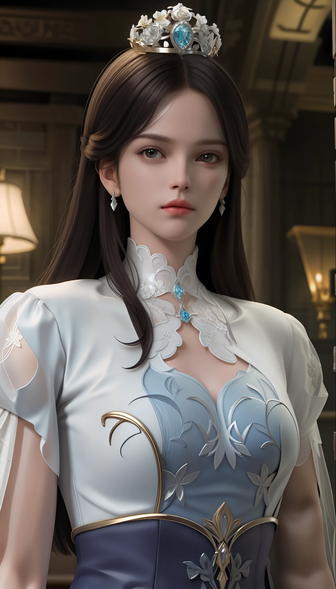 1girl, looking at viewer,
upper body, 3D, realistic,
large breasts, excessively frilled princess dress, draped clothes, jewelry, ornament, flower, lace trim,
masterpiece, best quality, 8k, detailed skin texture, detailed cloth texture,  beautiful detailed face, intricate details, ultra detailed,
rim lighting, side lighting, cinematic light, ultra high res, 8k uhd, film grain,best shadow, delicate, RAW