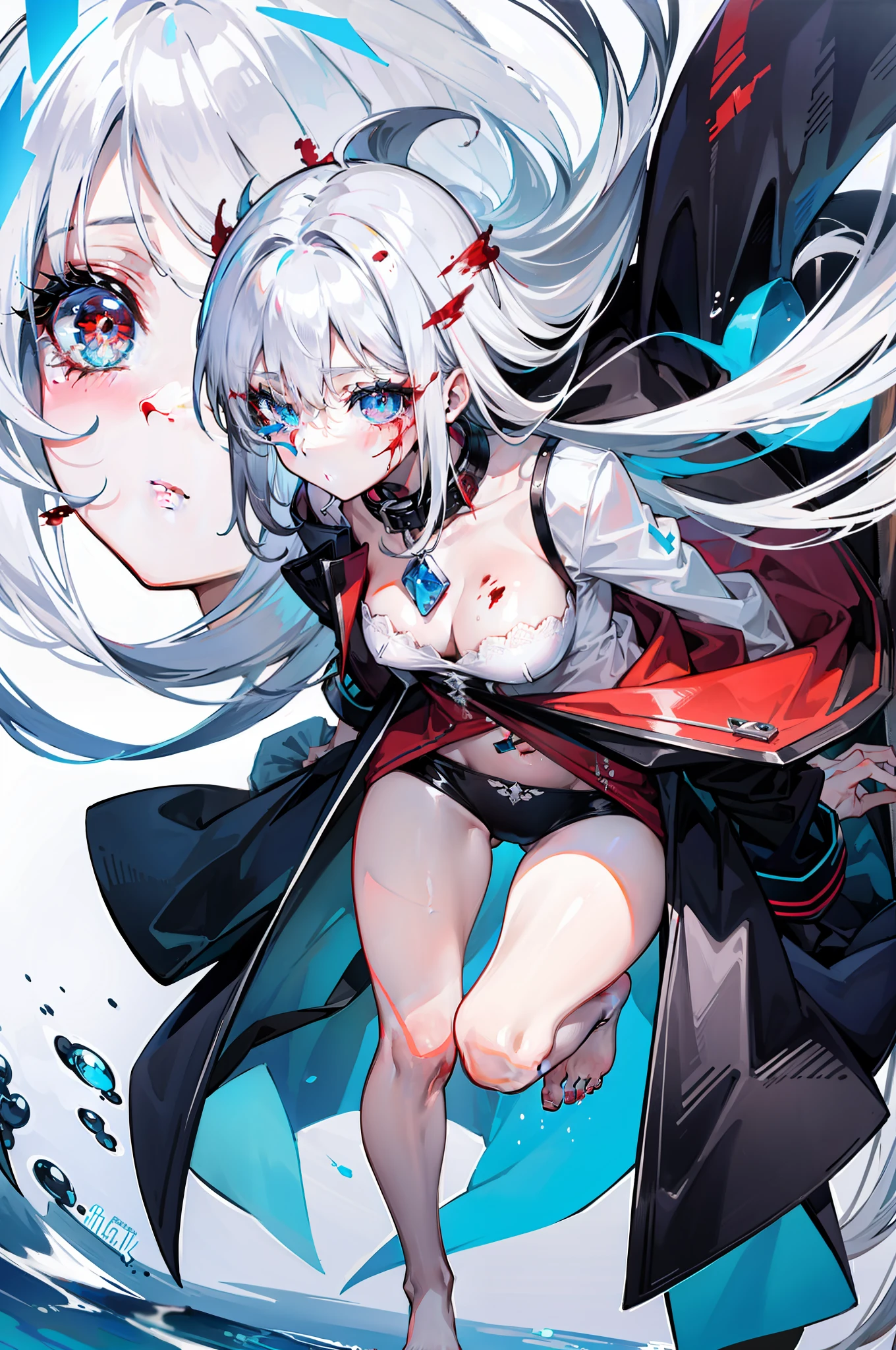 (tmasterpiece), highly detailed, 8K,,Harmonious composition,cold shades,Beautiful girl with white hair and long hair, Red pupils,Side face,With collar,There are scars on the face,blacksilk,Close-up of feet,Black coat, White underwear,Get wet all over your body,bleed