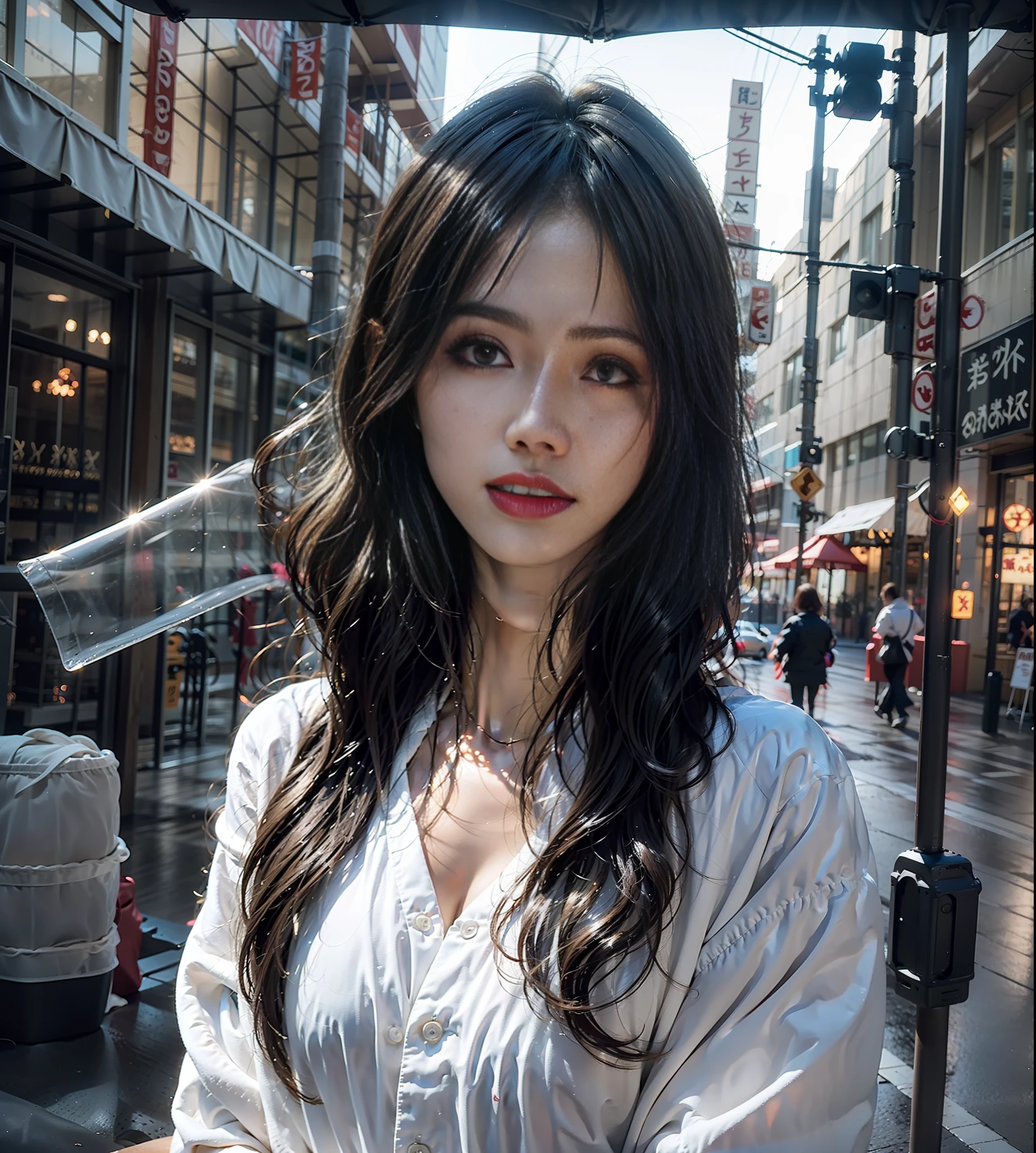 （tmasterpiece，Best quality at best，ultra - detailed，The best shadow），（detailed back ground，Dark fantasy），（beautiful  detailed face），hight contrast，（The best lighting，Very tasty and beautiful），（（cinematric light）），extremely colorful，ultra - detailed，dramatic lights，Complicated details，（1个Giant Breast Girl，独奏，Black-blond hair，sharpy face，Low double ponytail，red eyes，Hair between both eyes，dynamic angle），Blood splatter，A character that revolves around a black light，depth of fields、Black light particles、（brokenglass）、Magic Array、