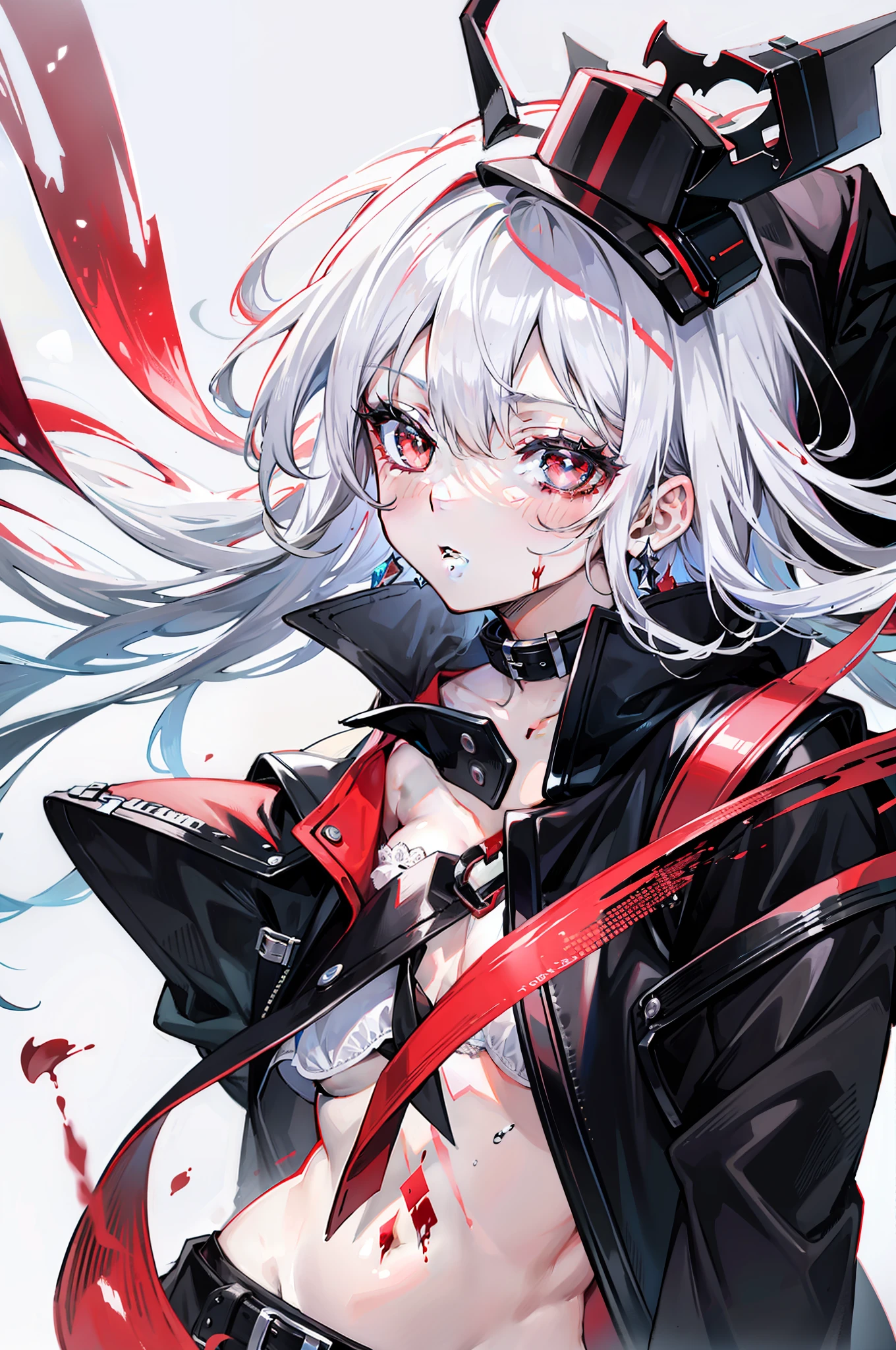 (tmasterpiece), highly detailed, 8K,,Harmonious composition,cold shades,Beautiful girl with white hair and long hair, Red pupils,Side face,With collar,There are scars on the face,blacksilk,Close-up of feet,Black coat, White underwear,Get wet all over your body,bleed