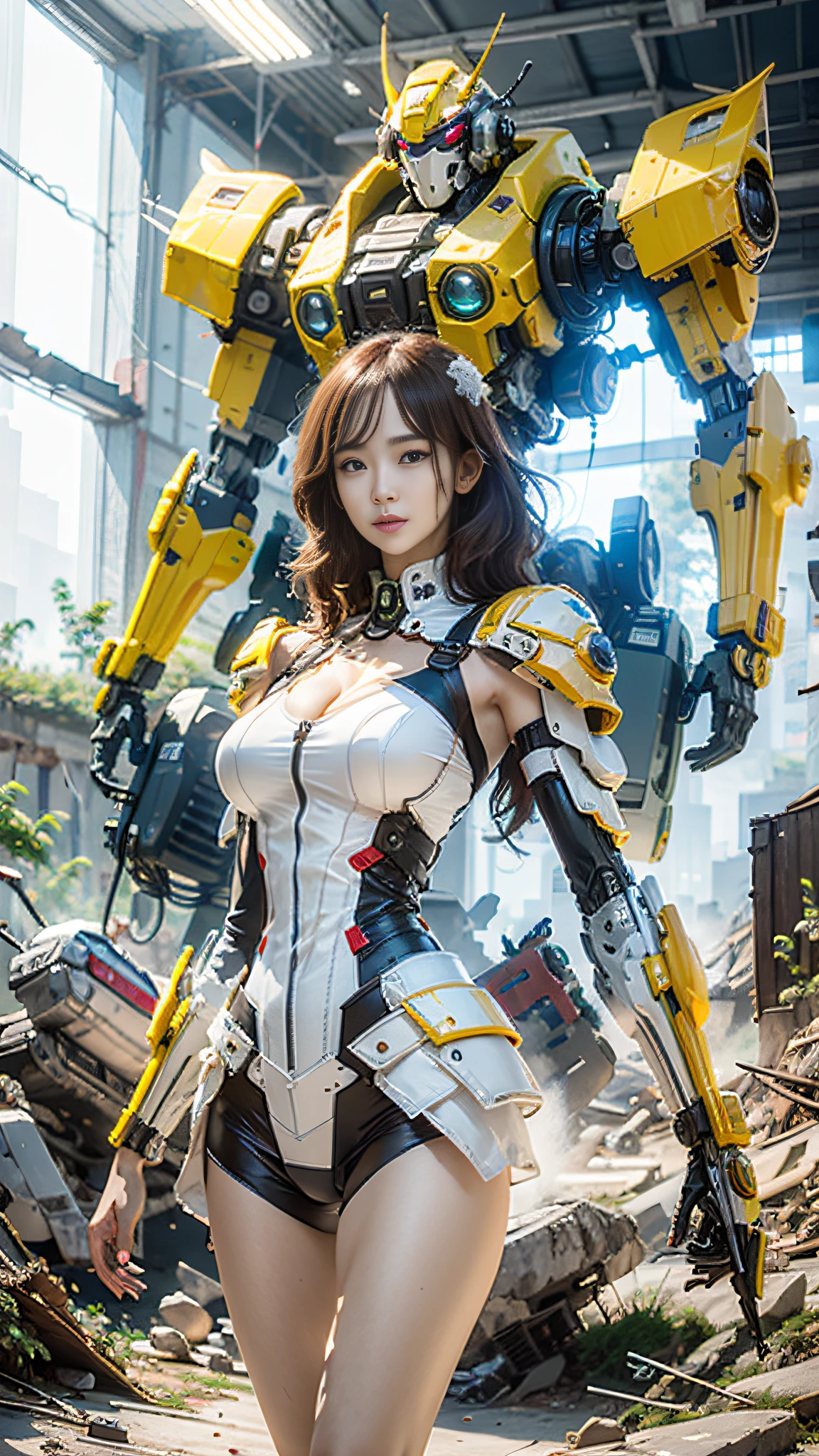 ((Best Quality)), ((Masterpiece)), (Very Detailed:1.3), 3D, Shitu-mecha, Beautiful cyberpunk busty woman with her mecha in the ruins of a city in the forgotten war, ancient technology, HDR (High Dynamic Range), ray tracing, NVIDIA RTX, super resolution, Unreal 5, subsurface scattering, PBR texture, post-processing, anisotropic filtering, depth of field, maximum sharpness and sharpness, multi-layer texture, albedo and highlight mapping, surface shading, Accurate simulation of light-material interactions, perfect proportions, octane rendering, duotone lighting, low ISO, white balance, rule of thirds, wide aperture, 8K RAW, efficient sub-pixels, subpixel convolution, luminescent particles, light scattering, Tyndall effect