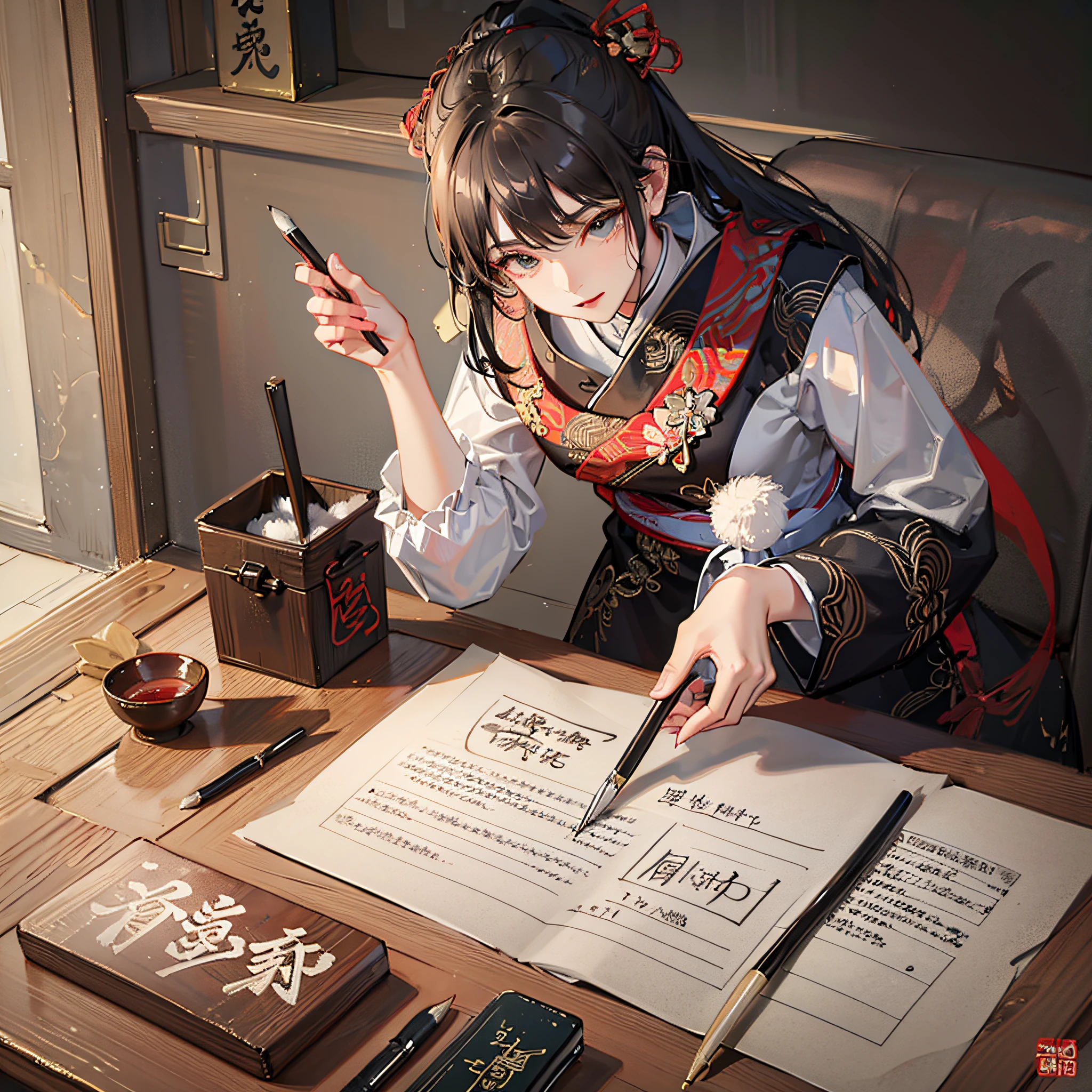 Pen with brush 1 brush，On a table，Masterpiece，Wooden plank table，Chinese scene，Chinese brushes，Chinese calligraphy，Chinese brush，Traditional No characters